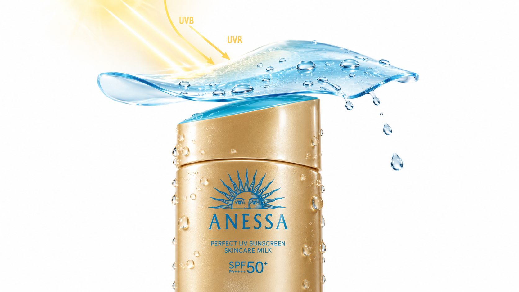 A gold-colored bottle of Anessa Perfect UV Sunscreen Skincare Milk with water splashes and sun rays background.