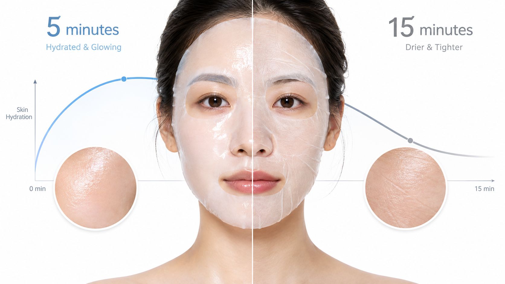 A woman wearing a face mask demonstrating the skin hydration effects over a fifteen minute duration.