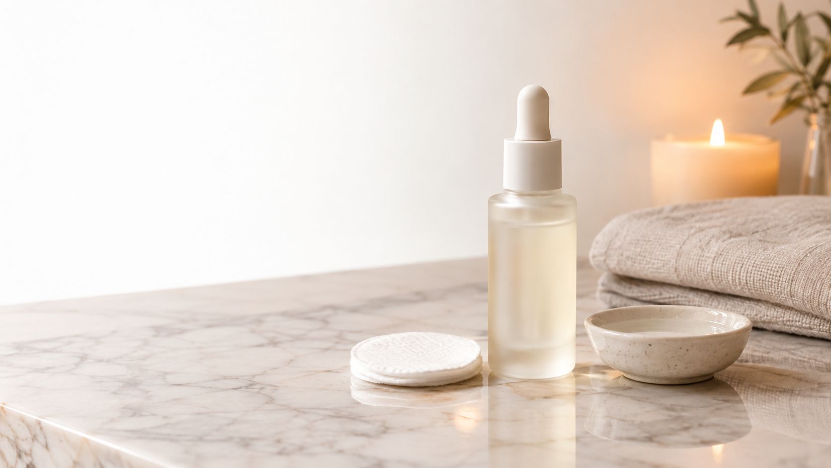 A glass dropper bottle with skincare serum next to cotton pads and a soft towel on marble.