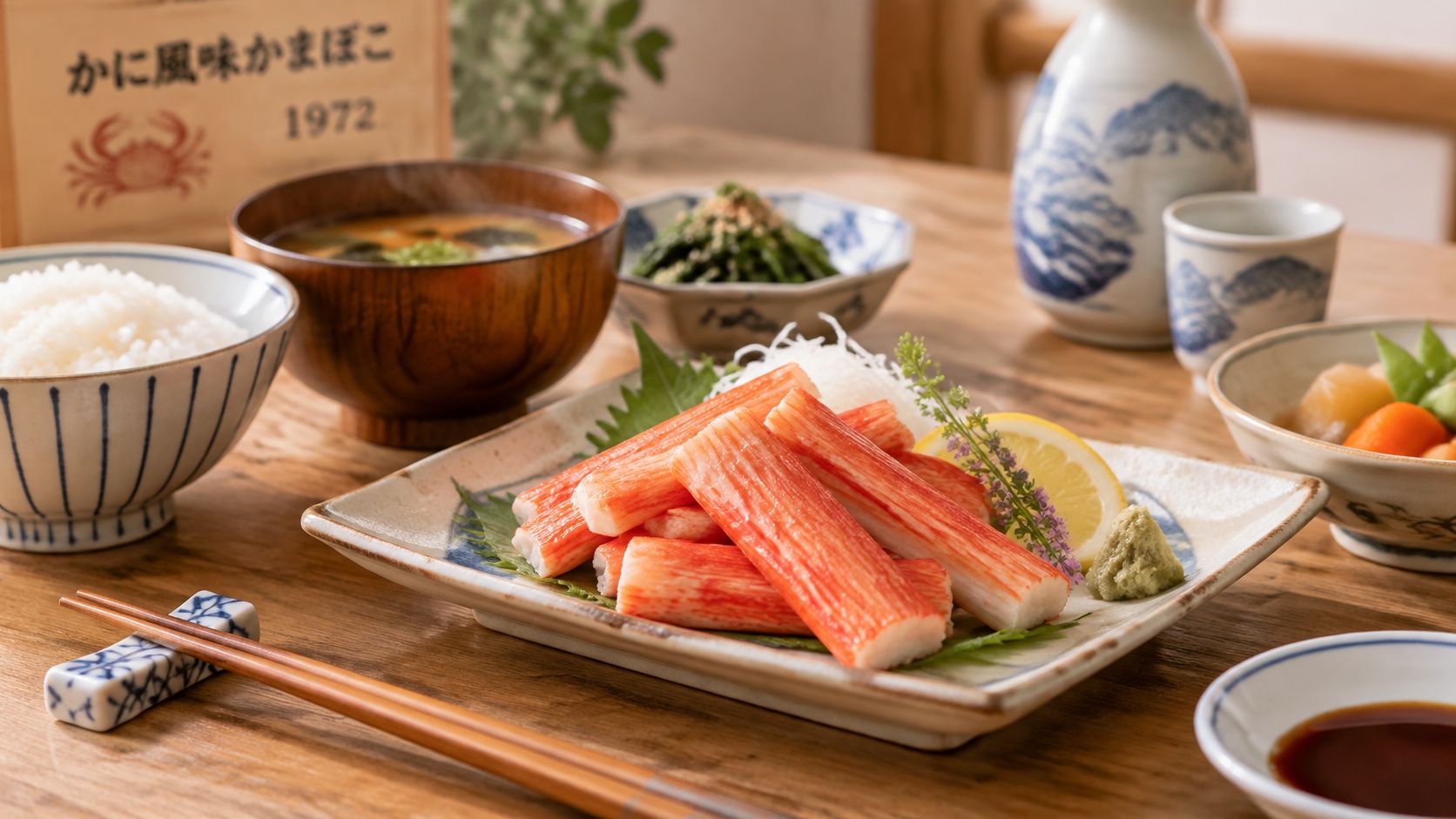 A plate of imitation crab sticks served with lemon, wasabi, and traditional Japanese side dishes on a table.
