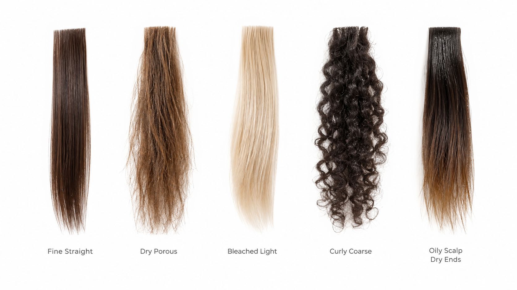 A display showing five different hair types including fine straight, dry porous, bleached, curly, and oily scalp textures.