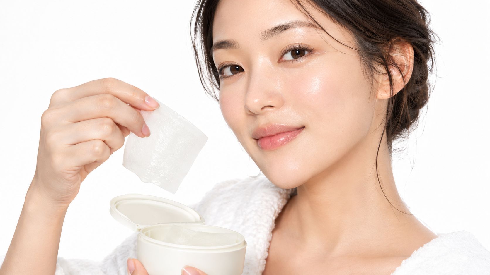 A beautiful young woman holding a skincare pad from a jar for her daily facial routine.