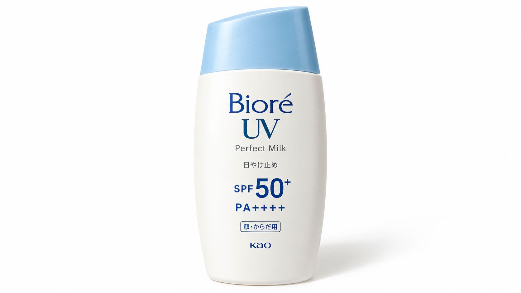 A white bottle of Biore UV Perfect Milk sunscreen with a blue cap on a white background.
