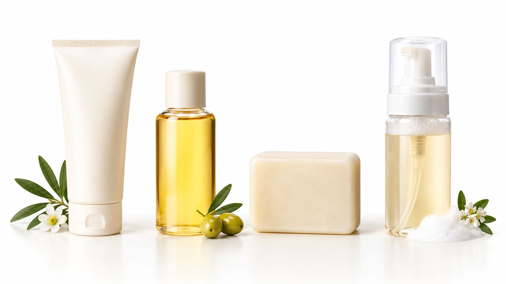 A collection of organic skincare products including a tube, oil bottle, soap bar, and foaming cleanser with olives.
