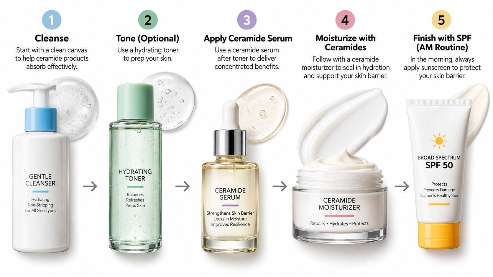 A five-step skincare routine infographic featuring gentle cleanser, hydrating toner, ceramide serum, ceramide moisturizer, and SPF 50 sunscreen.