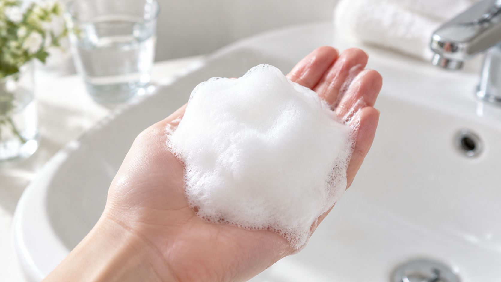 A close-up of a person's hand holding a generous amount of thick, white facial cleanser foam.