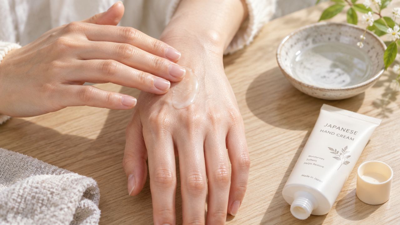 A person applying Japanese hand cream onto their skin next to a bowl of water and towel.