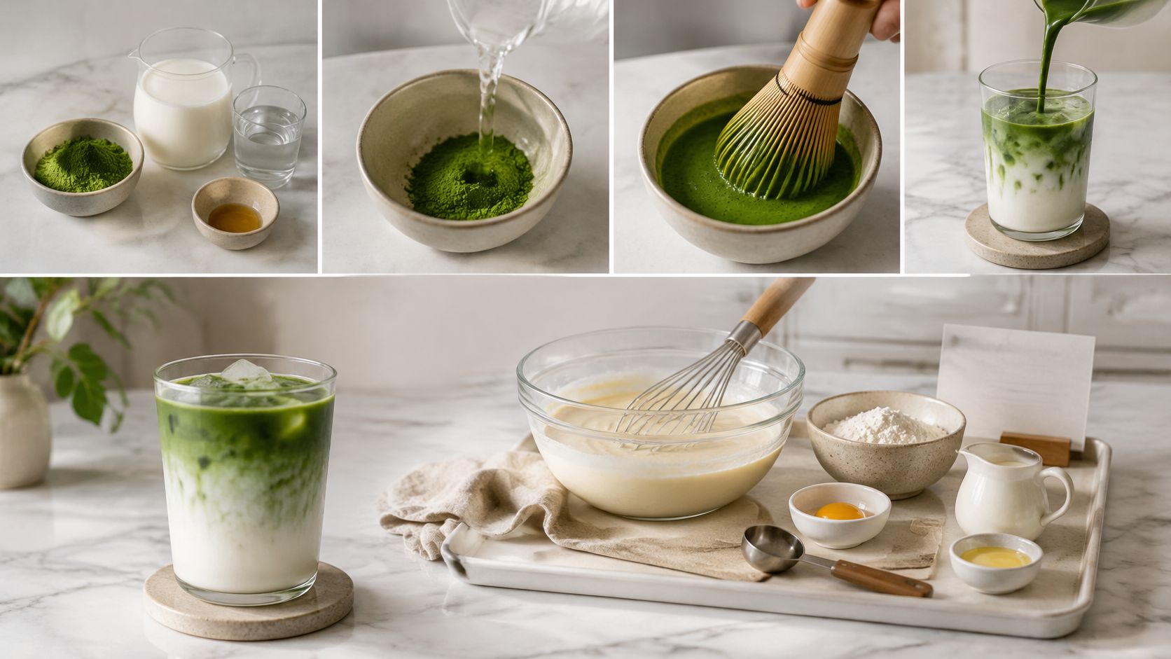 A collage showing the preparation process of matcha lattes and a separate bowl of pancake batter mix.