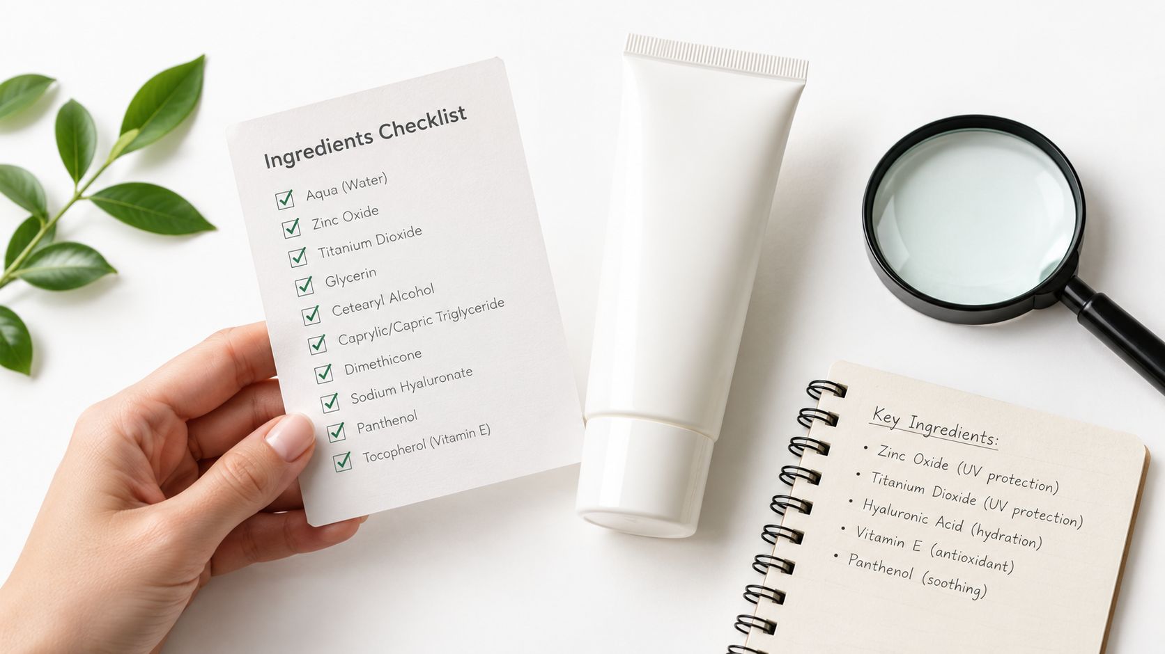 A hand holding an ingredient checklist next to a tube of skincare cream, magnifying glass, and notebook.