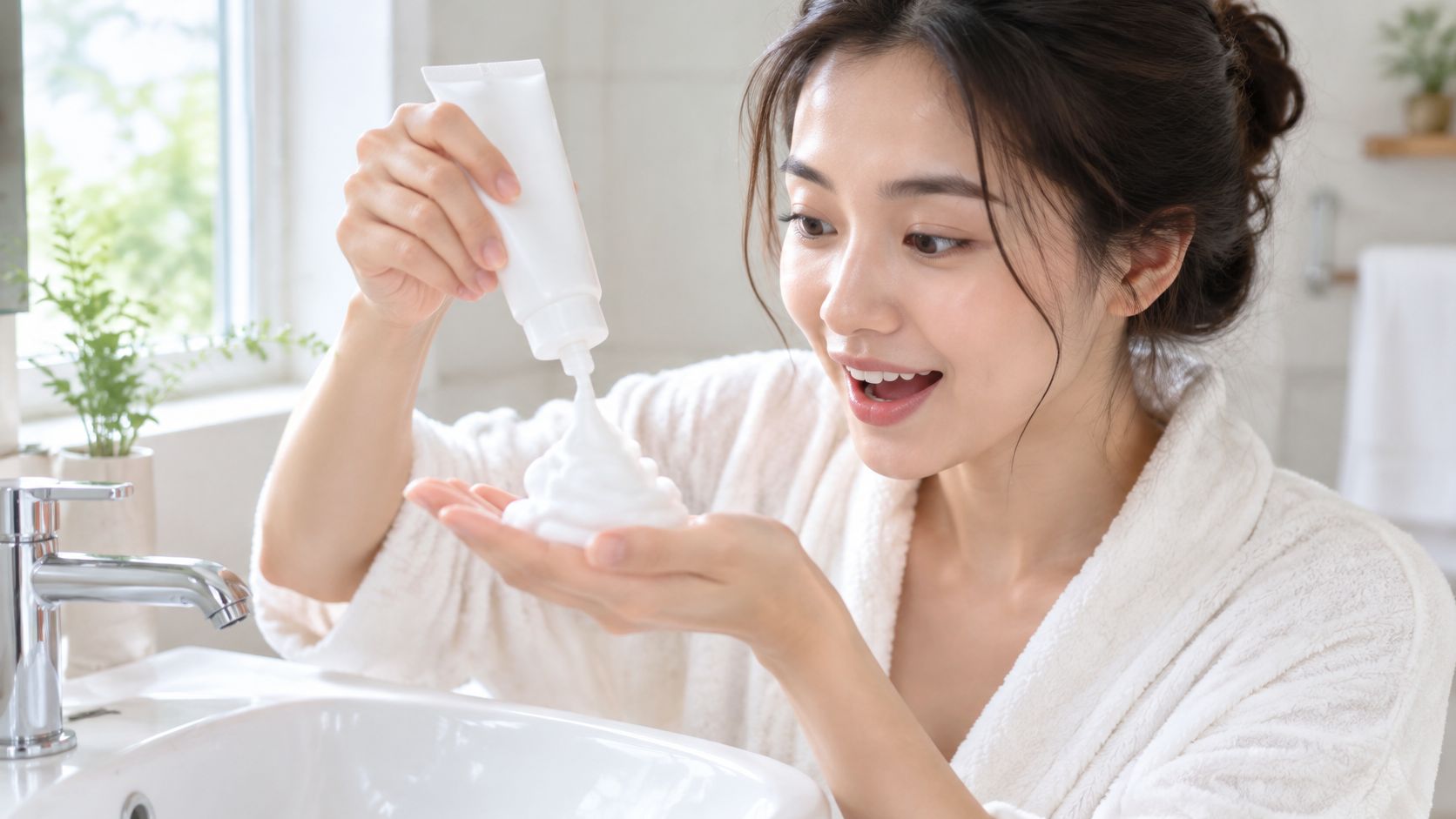A happy woman in a white bathrobe dispensing thick facial foam cleanser into her hand.