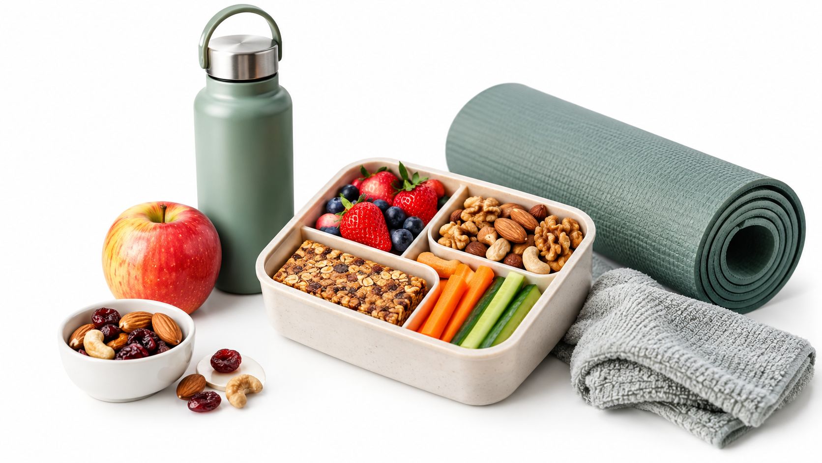 Eine Lunchbox mit Müsli, Beeren, Nüssen und Gemüse neben einer Wasserflasche und einer Yogamatte.