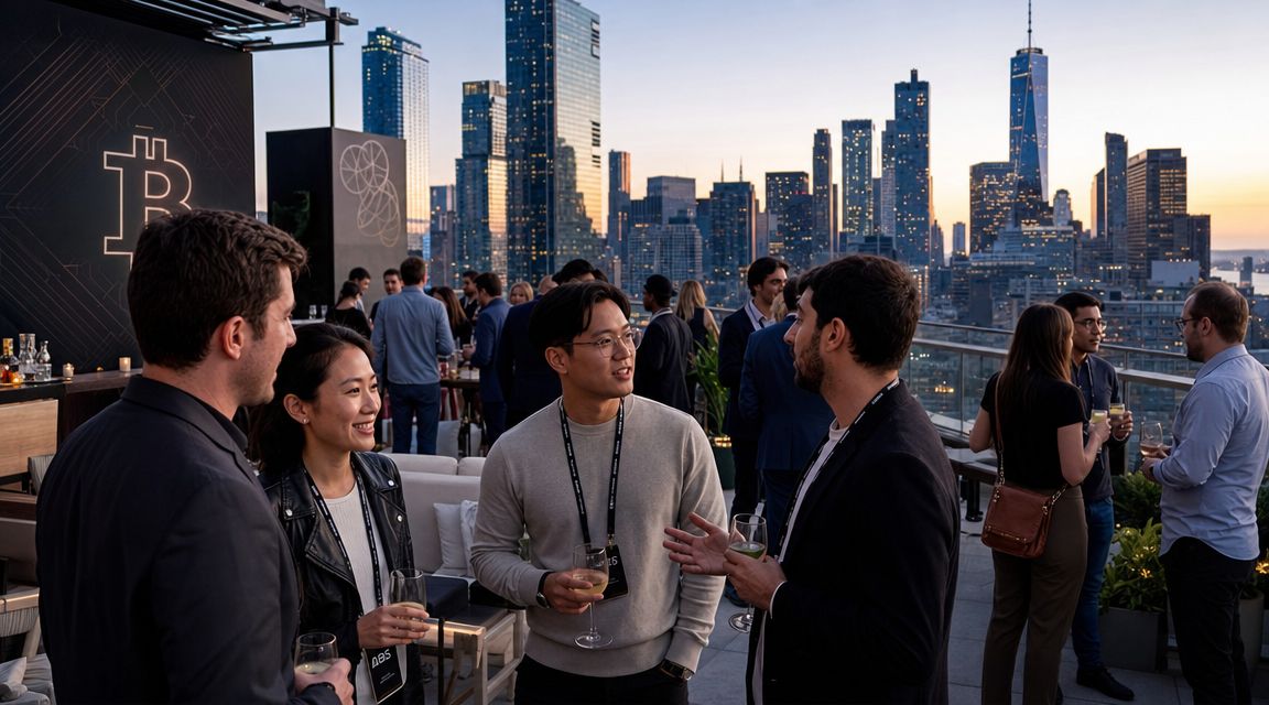 A professional networking mixer for crypto industry professionals held on a rooftop terrace in New York City.