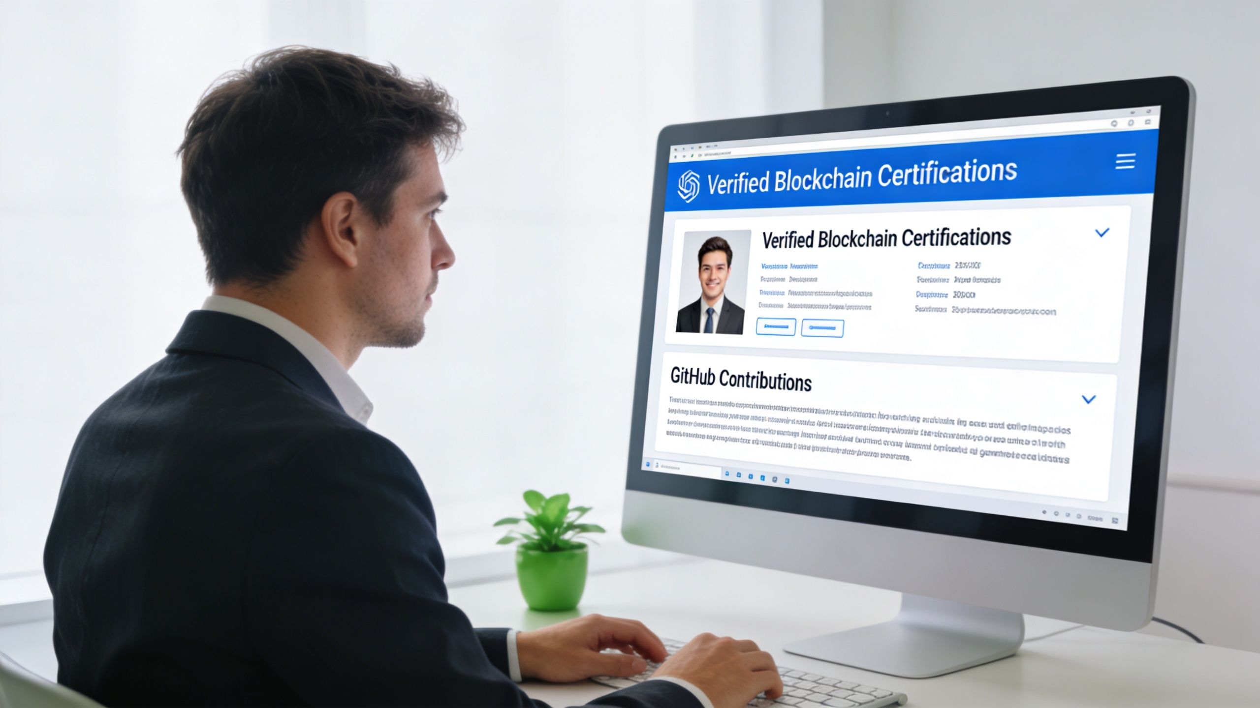 A professional man in a suit working on a computer showing a blockchain certification portal.