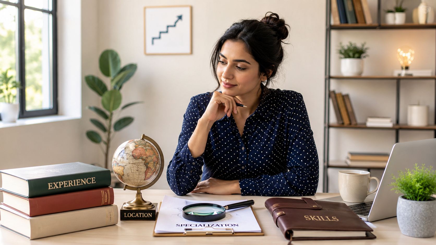 A professional woman sitting at her desk, studying books labeled experience, skills, location, and specialization.