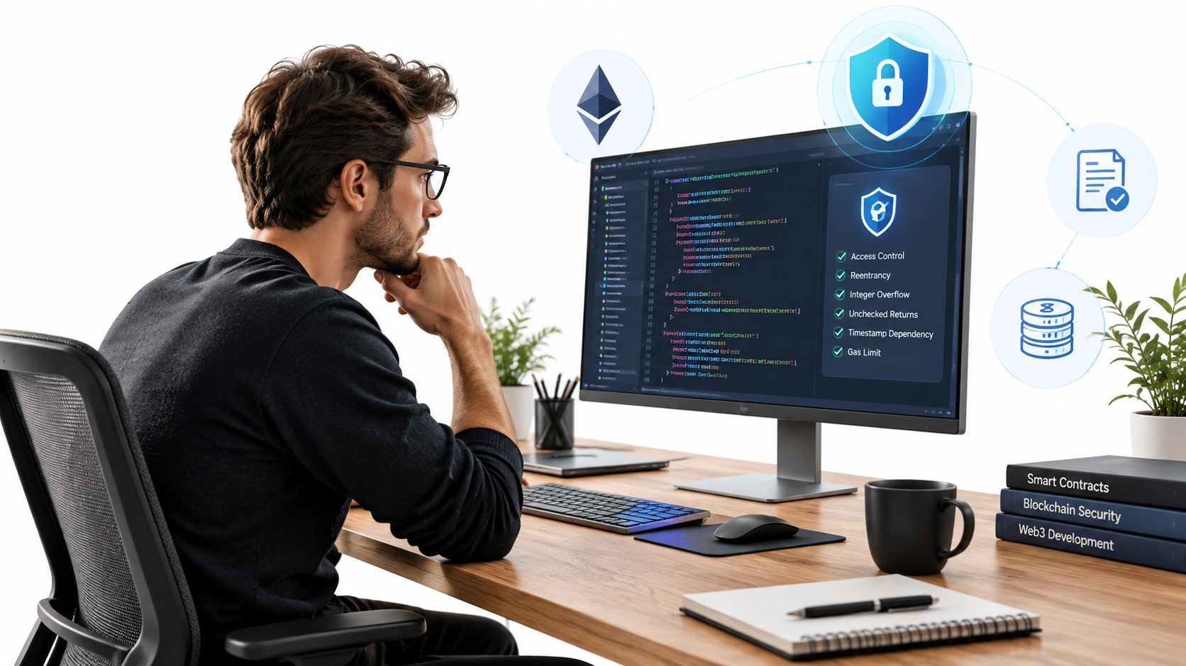 A professional developer sitting at a wooden desk, auditing smart contract code on a computer monitor.
