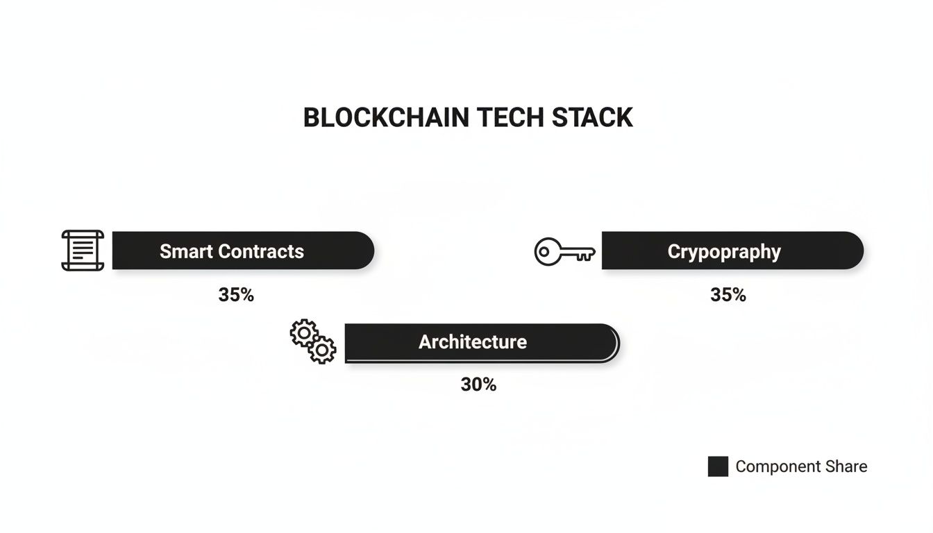 Infographic displaying the Blockchain Tech Stack with three key components: Smart Contracts (35%), Cryptography (35%), and Architecture (30%).