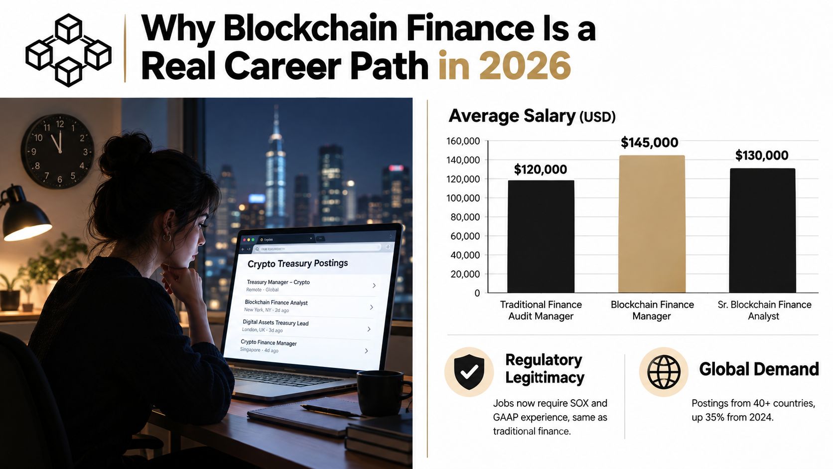 A woman working on a laptop with a chart comparing blockchain finance job salaries in 2026.