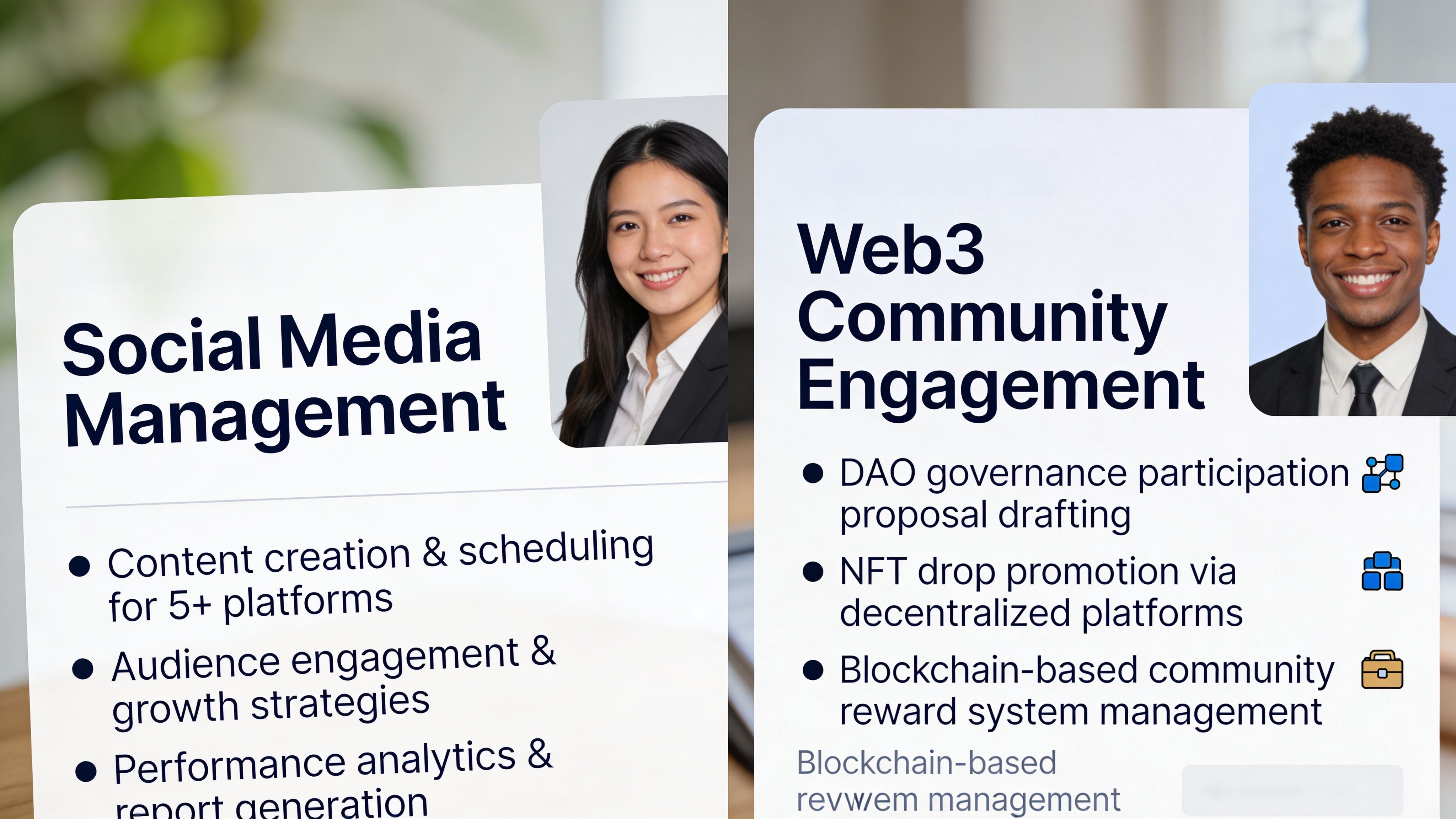 Two professionals displayed on cards showing services for social media management and Web3 community engagement roles.