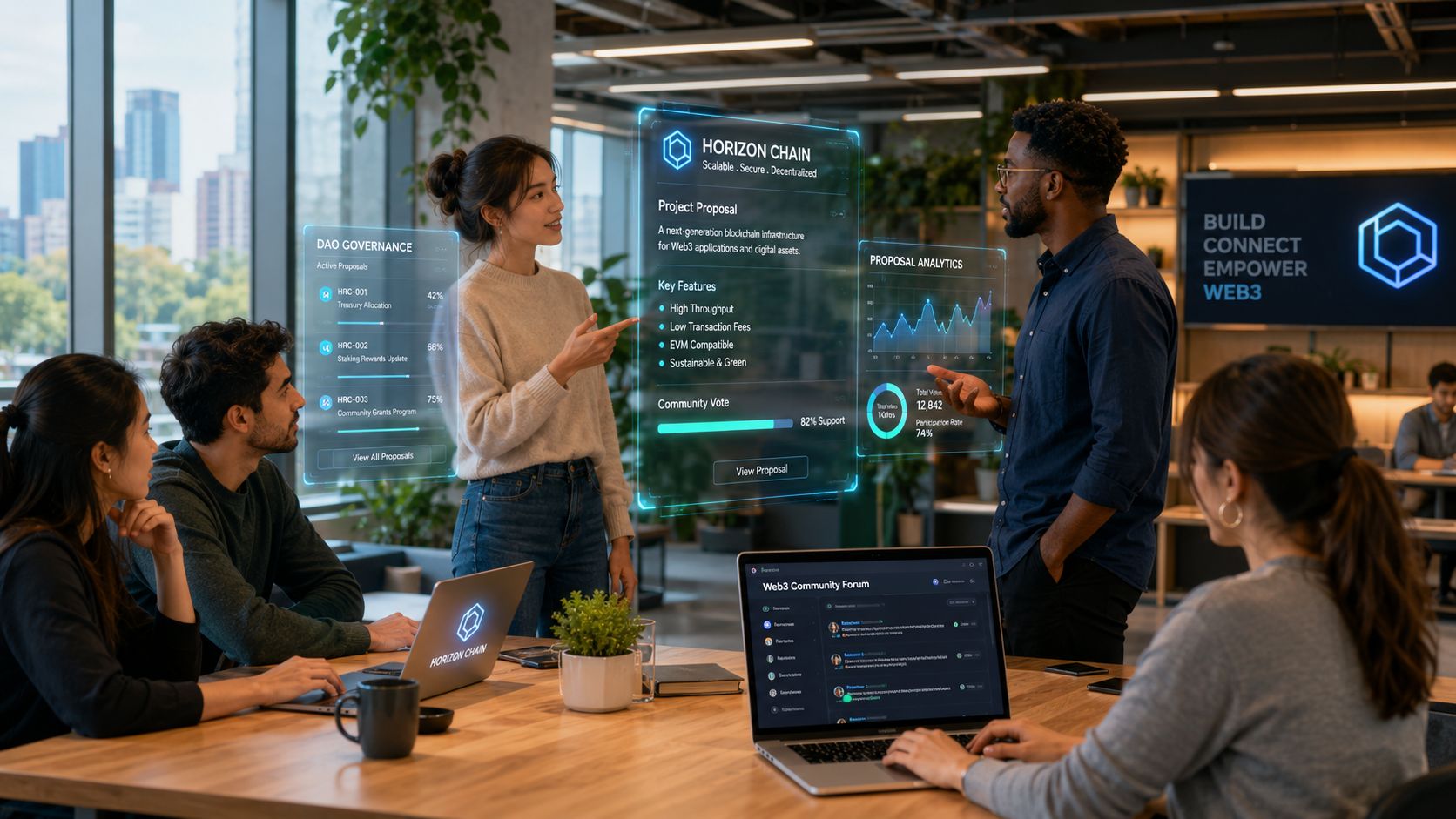 A professional team collaborates in a modern office, reviewing interactive holographic project proposals regarding blockchain technology.