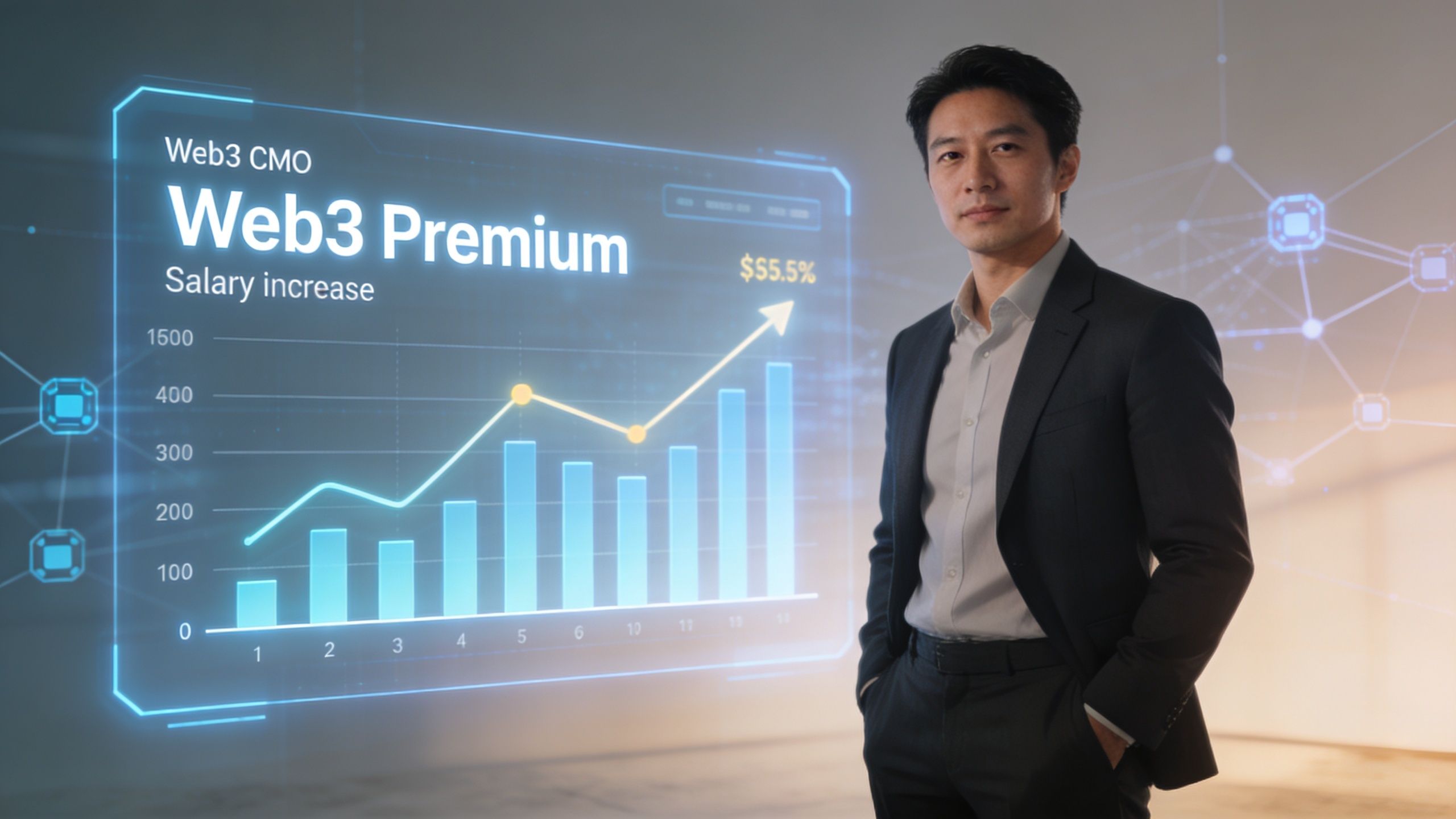 A professional man in a suit standing next to a futuristic digital chart showing salary growth.