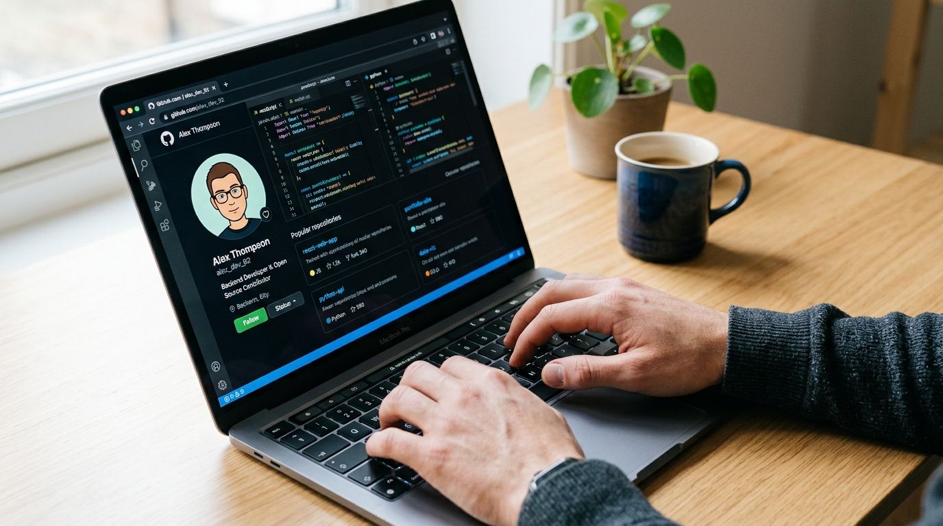 A developer coding on a MacBook Pro while viewing a GitHub profile on a wooden desk.