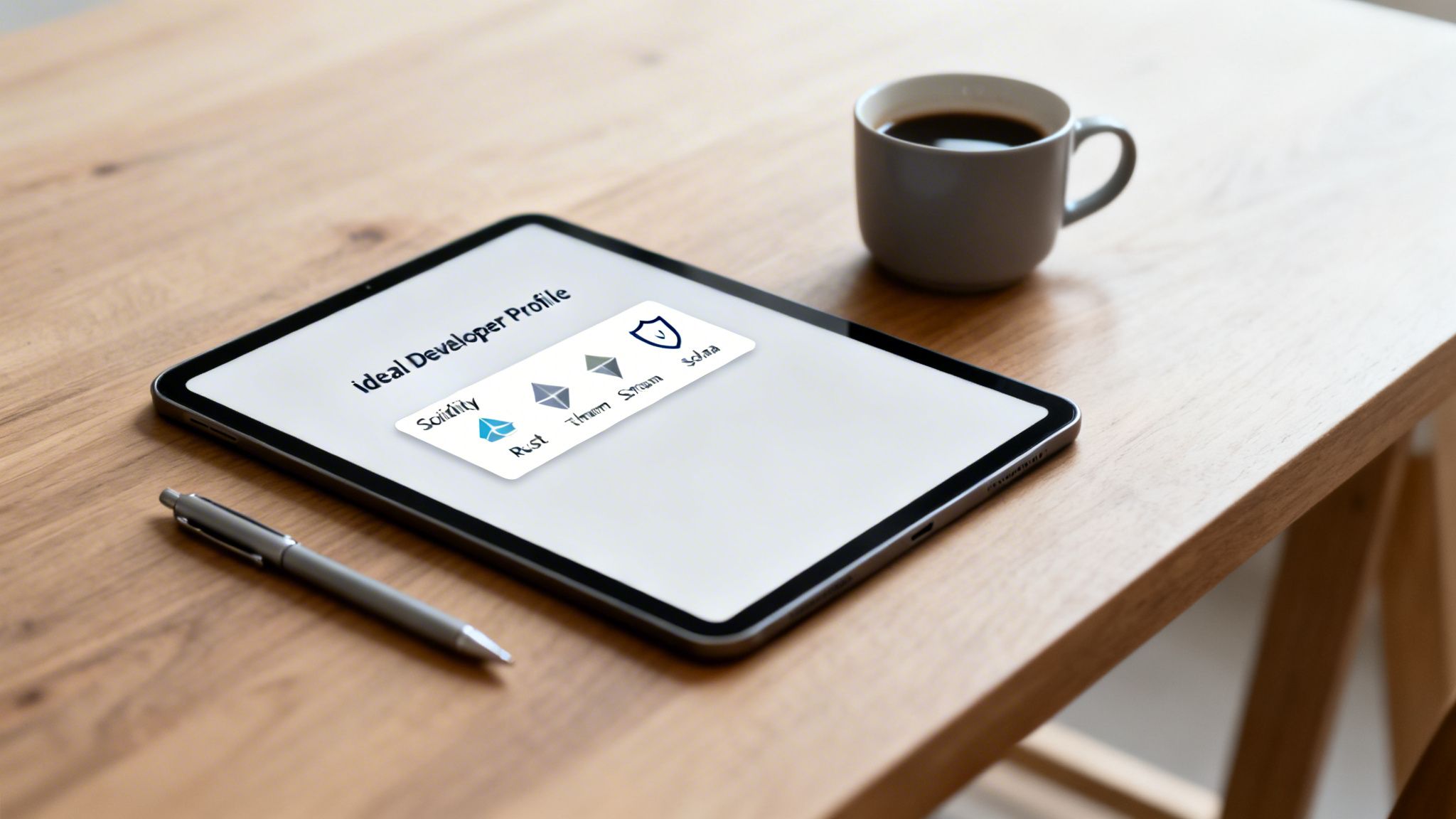 A tablet displays an 'Ideal Developer Profile' showing blockchain skills like Solidity and Solana, next to a pen and coffee.