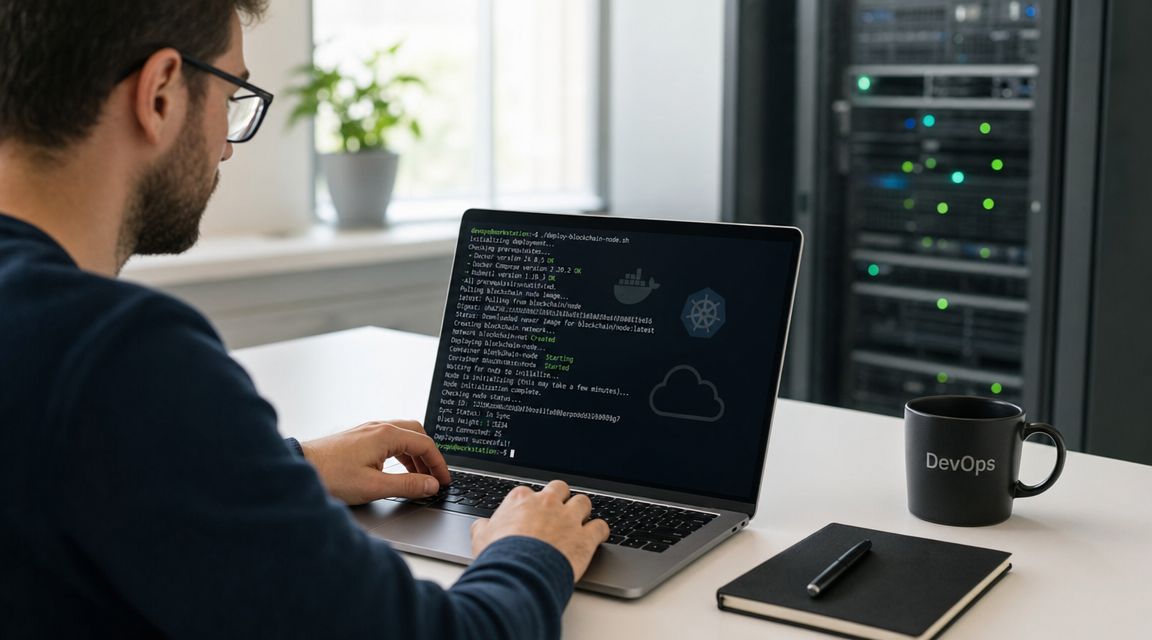 A professional developer working on a blockchain deployment project on a laptop in a modern office.