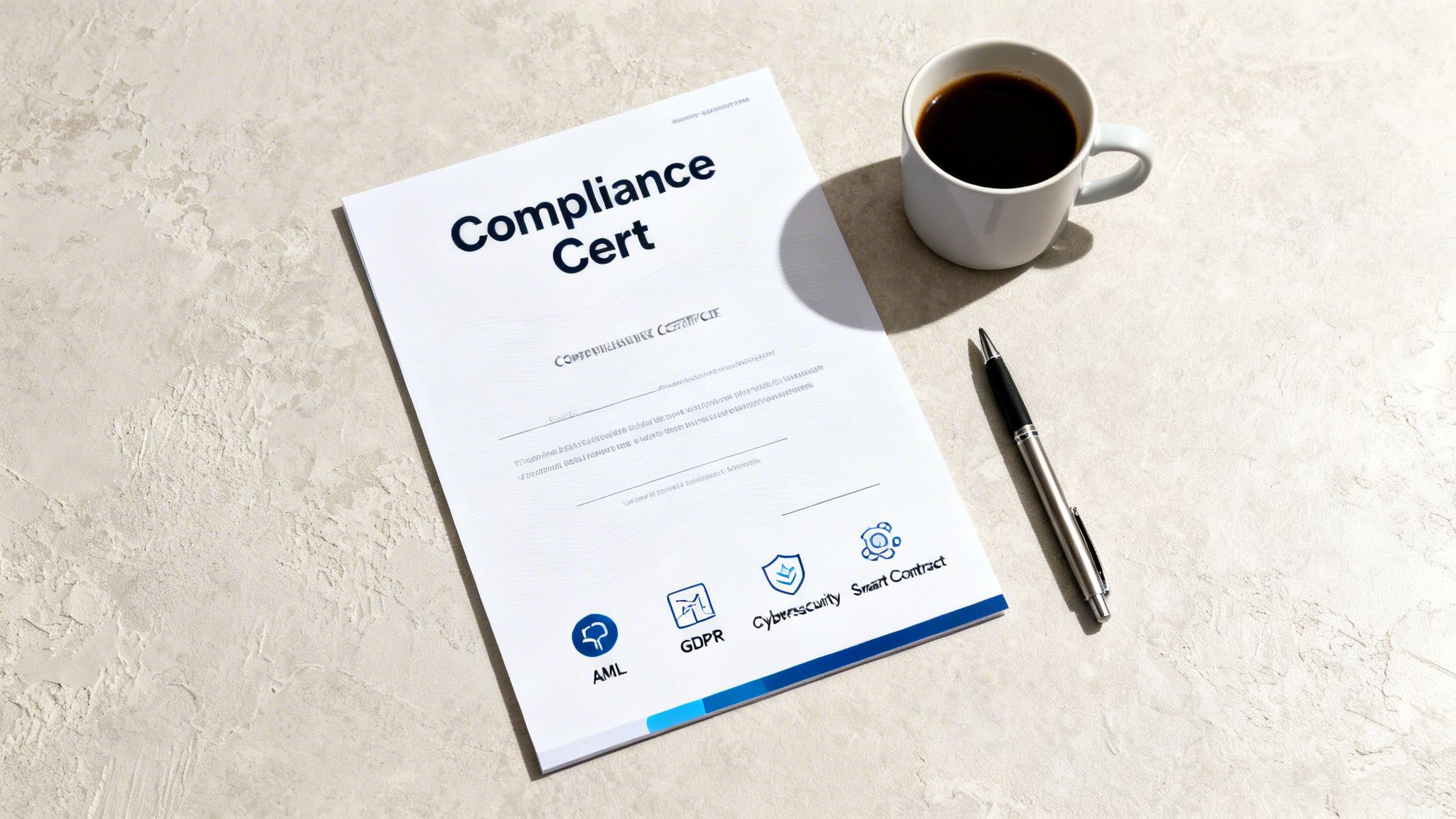 A white 'Compliance Cert' document, a pen, and a black coffee in a white mug on a textured desk.