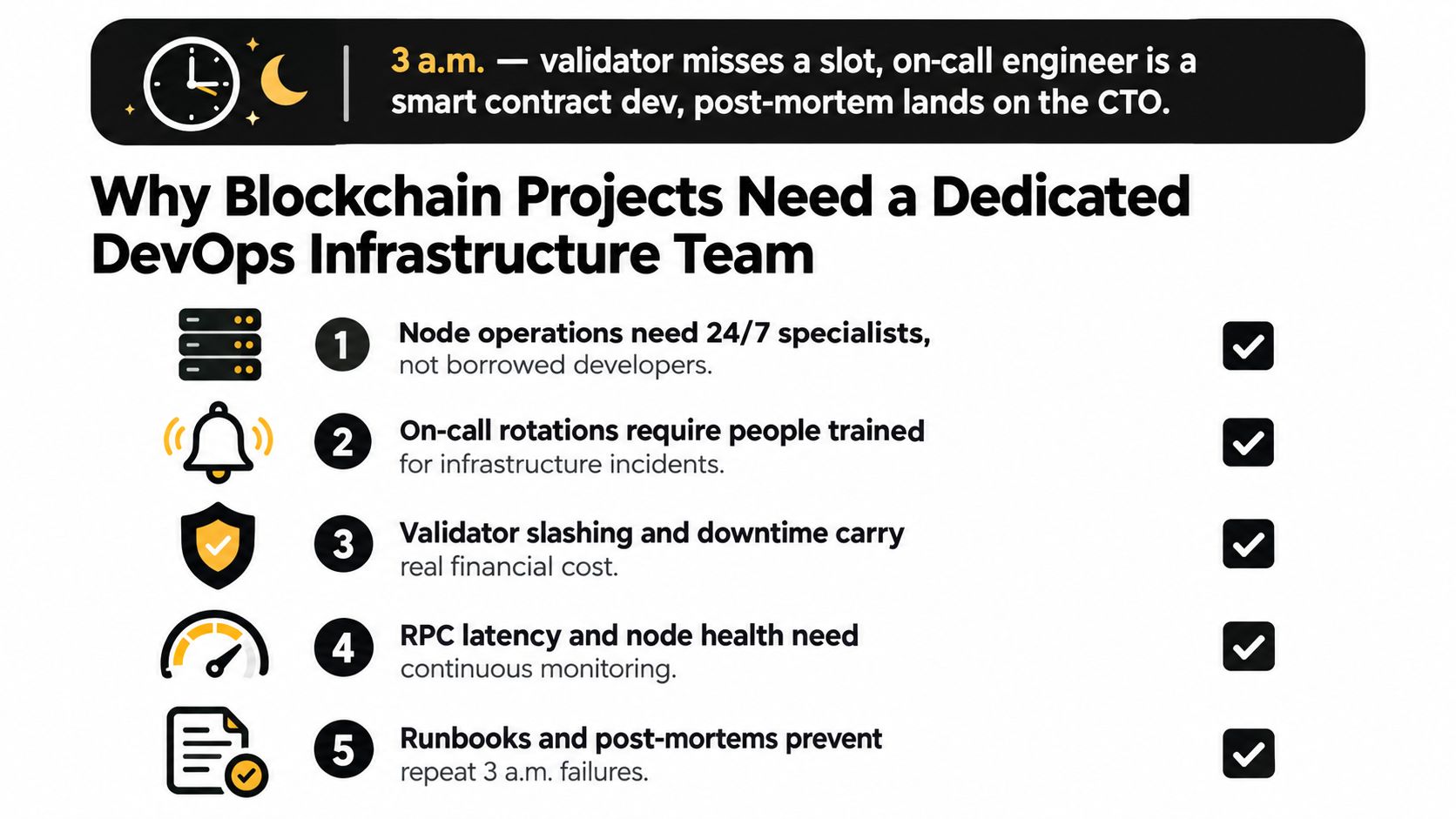 An infographic detailing five reasons why blockchain projects need a dedicated DevOps infrastructure team for stability.