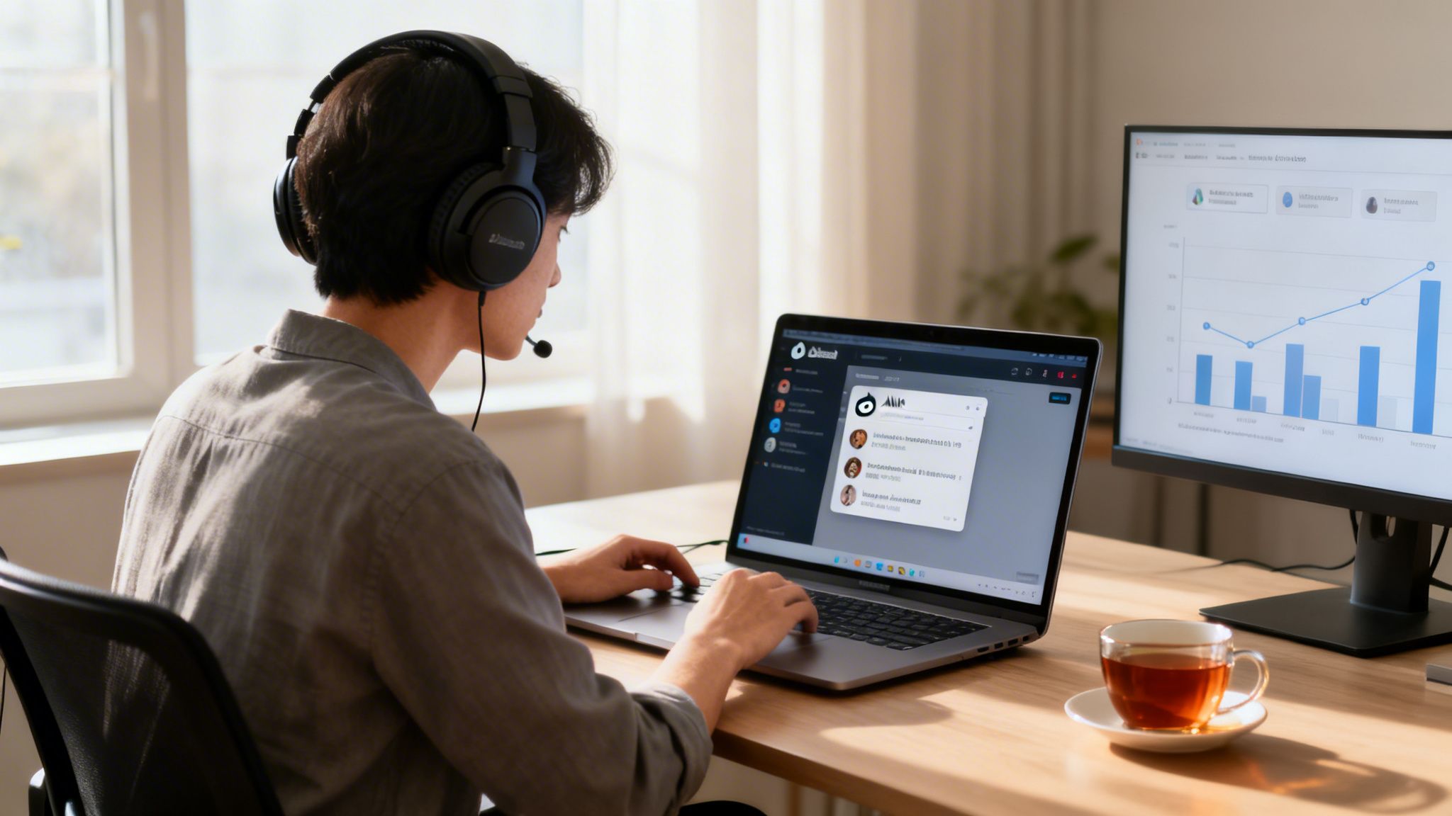 A person in a headset types on a laptop, with a second monitor showing data charts.