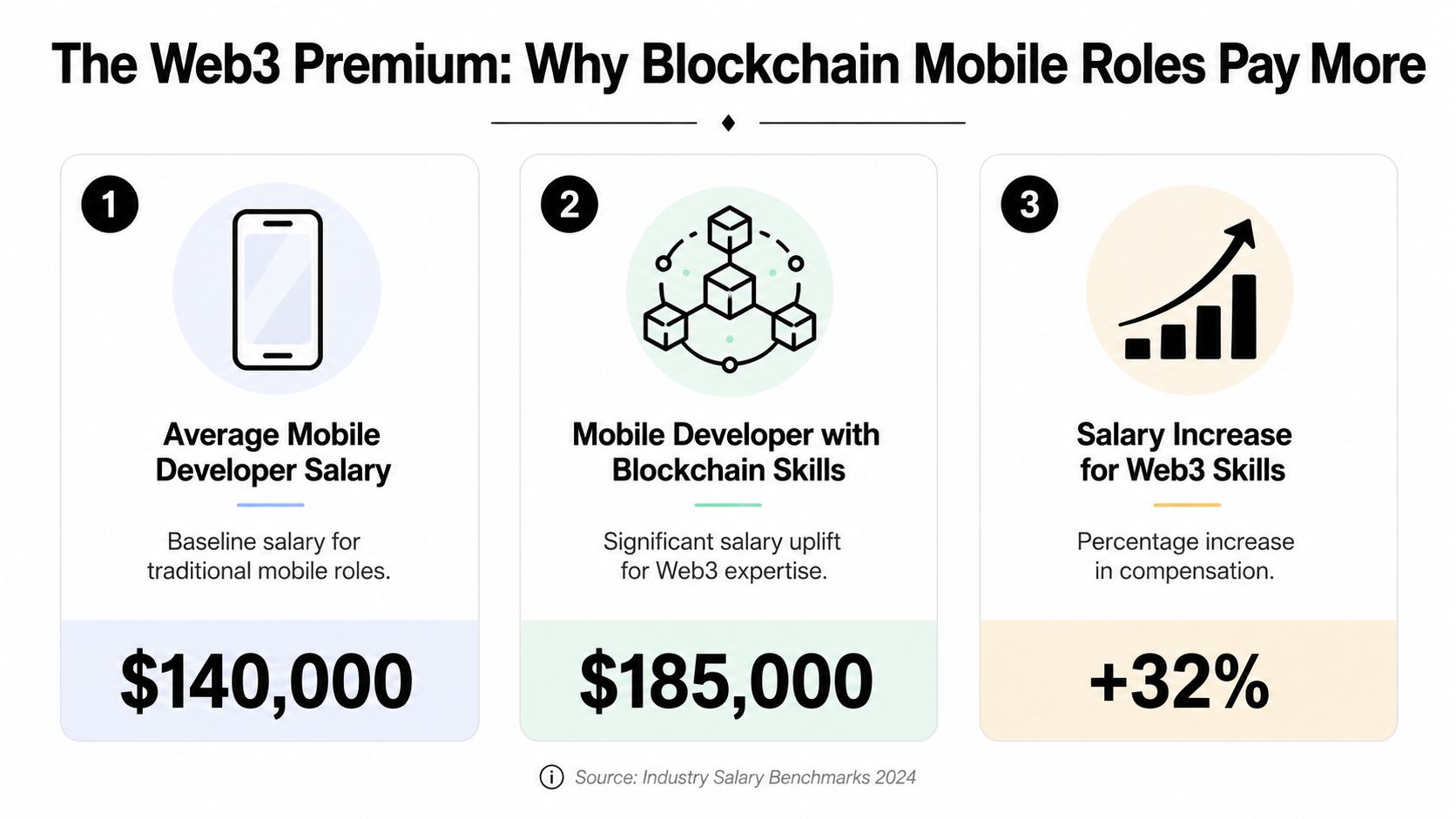 An infographic comparing traditional mobile developer salaries of 140,000 dollars with Web3 blockchain-enabled developer salaries of 185,000 dollars.