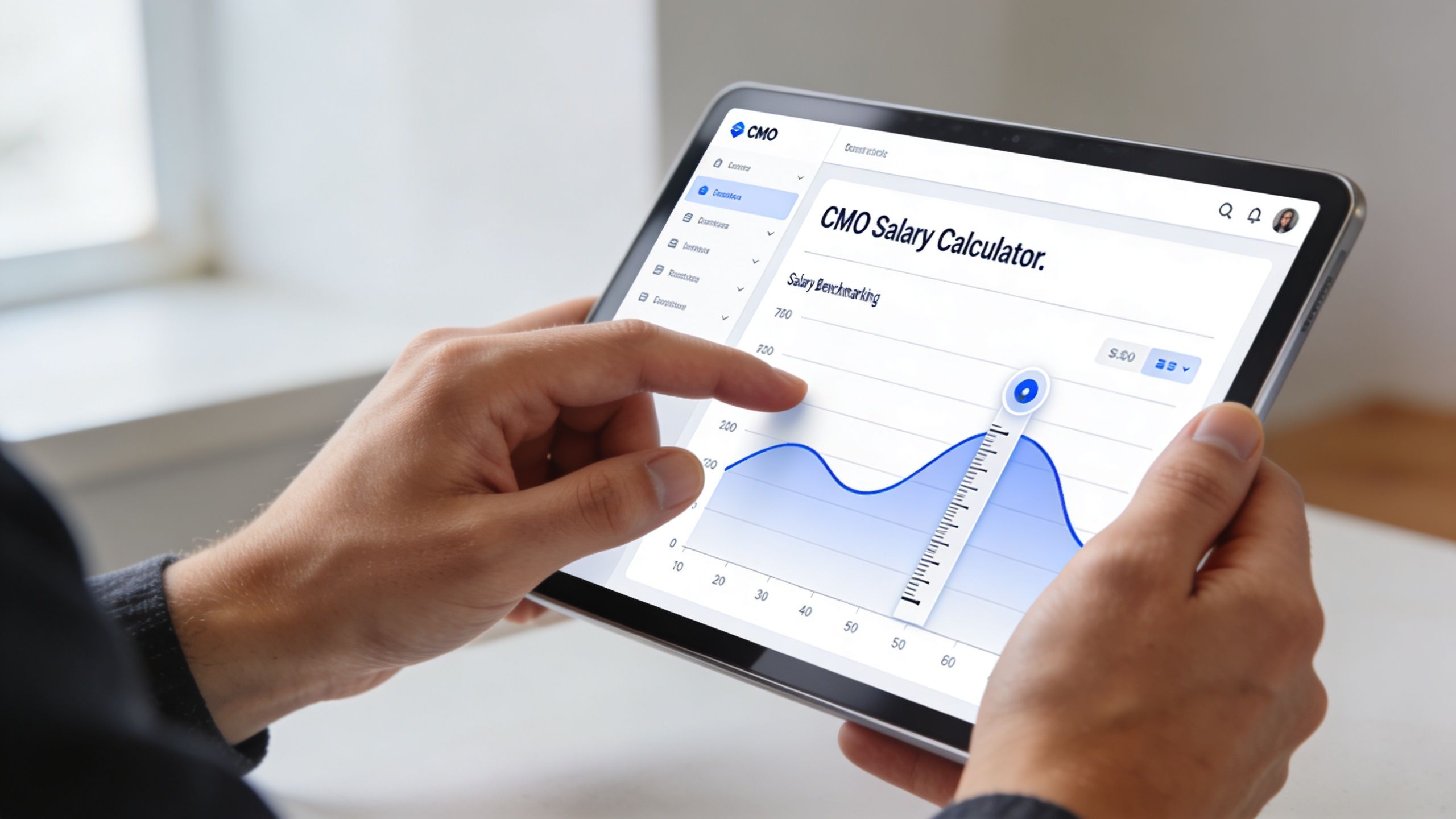 A person using a digital tablet to interact with an interactive CMO salary calculator and benchmarking chart.