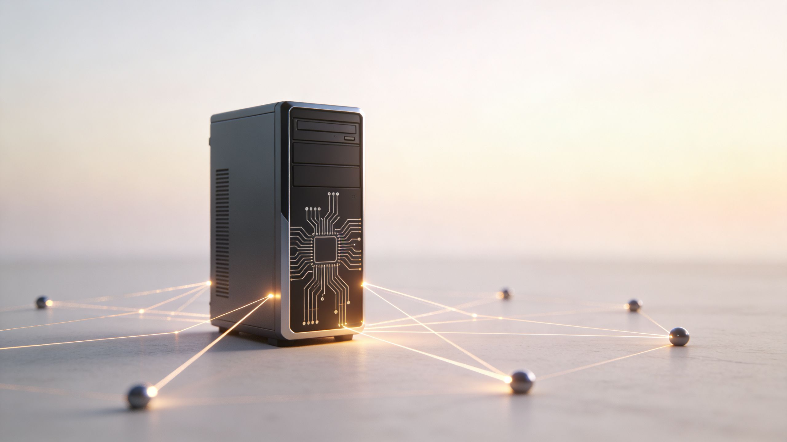 A modern computer tower connected by glowing lines to small metallic spheres on a neutral background.