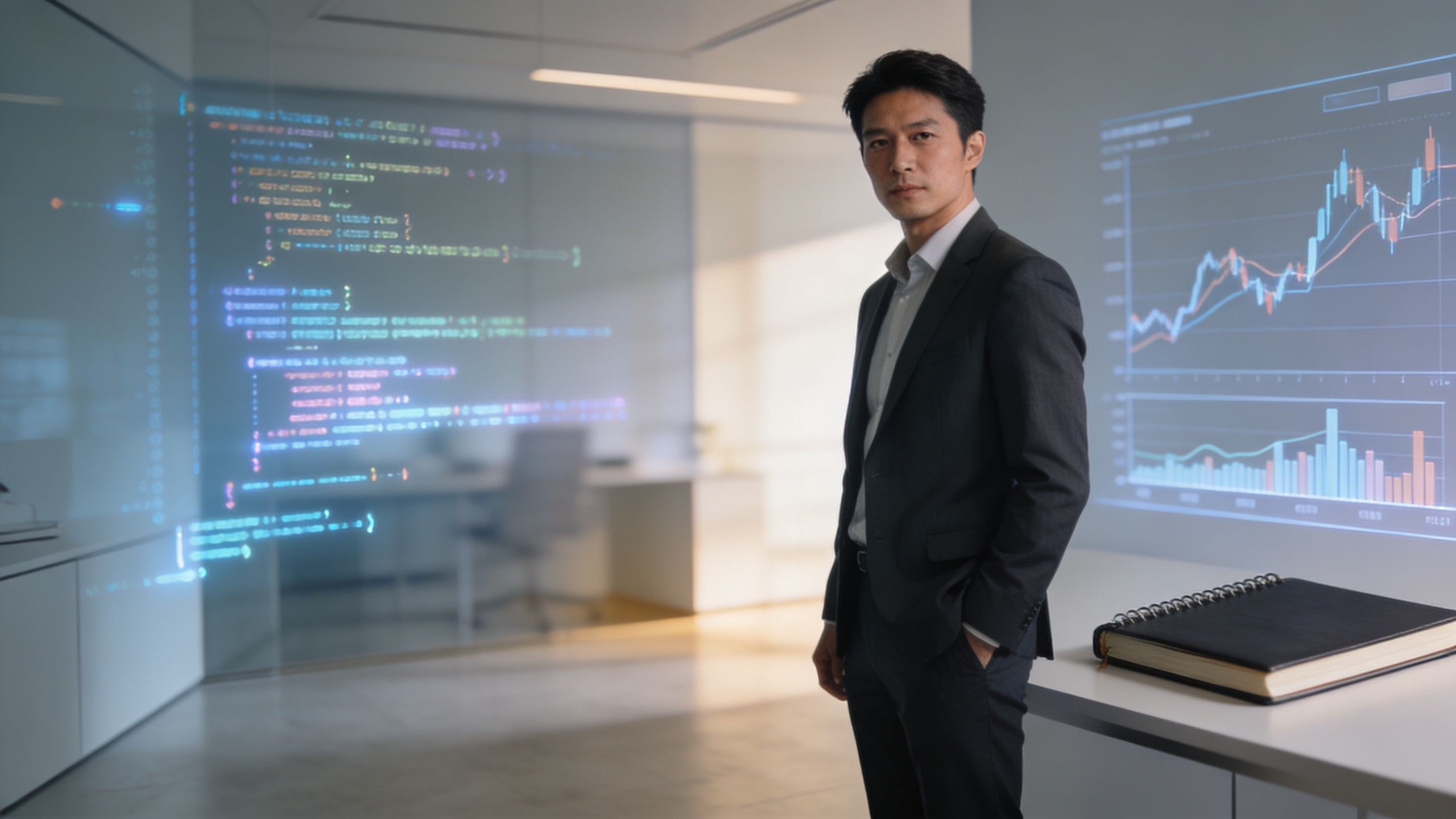 A professional man in a suit standing in a modern office with data visualizations and code overlays.