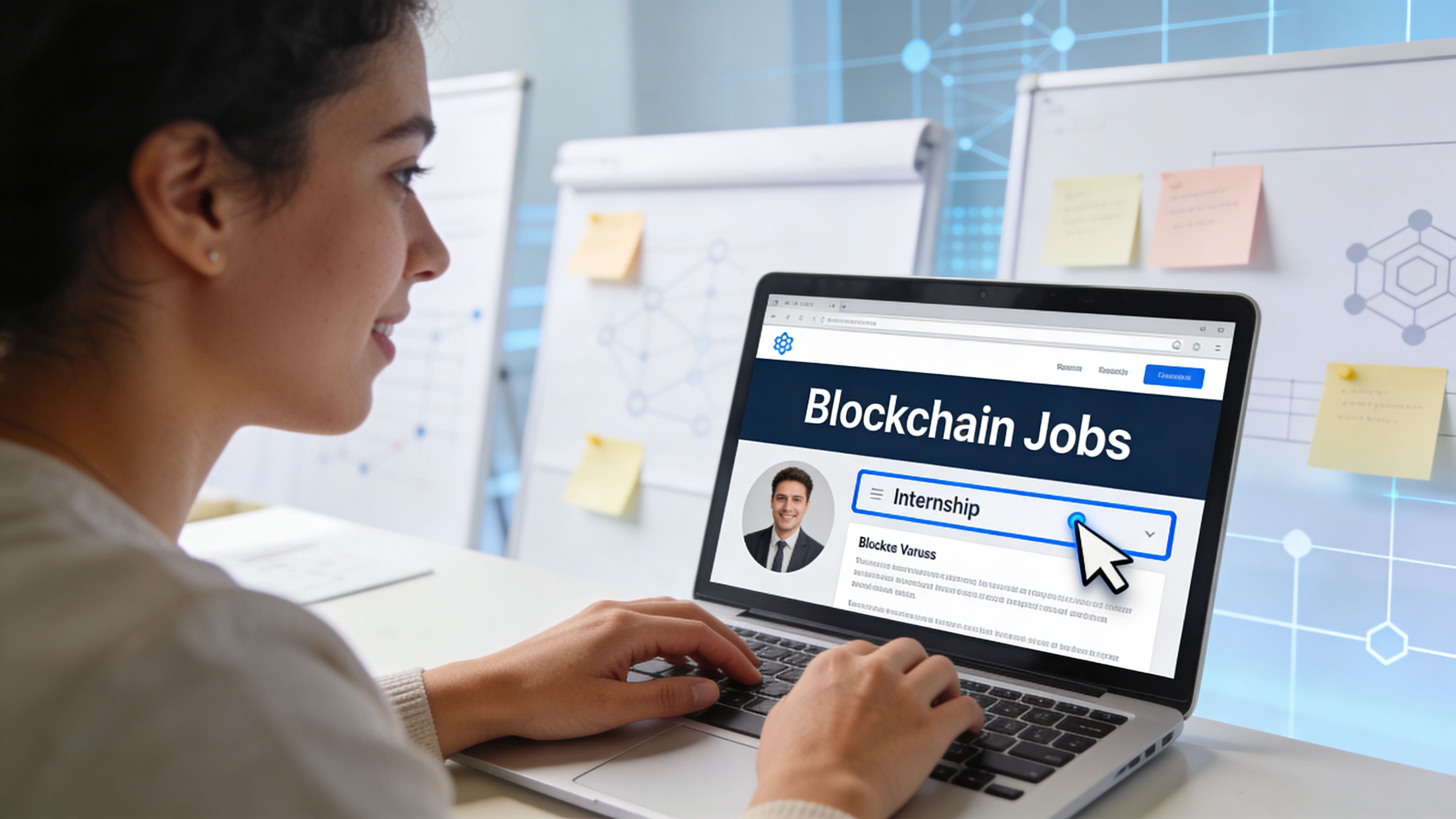 A woman working on a laptop searching for blockchain jobs and internship opportunities online.