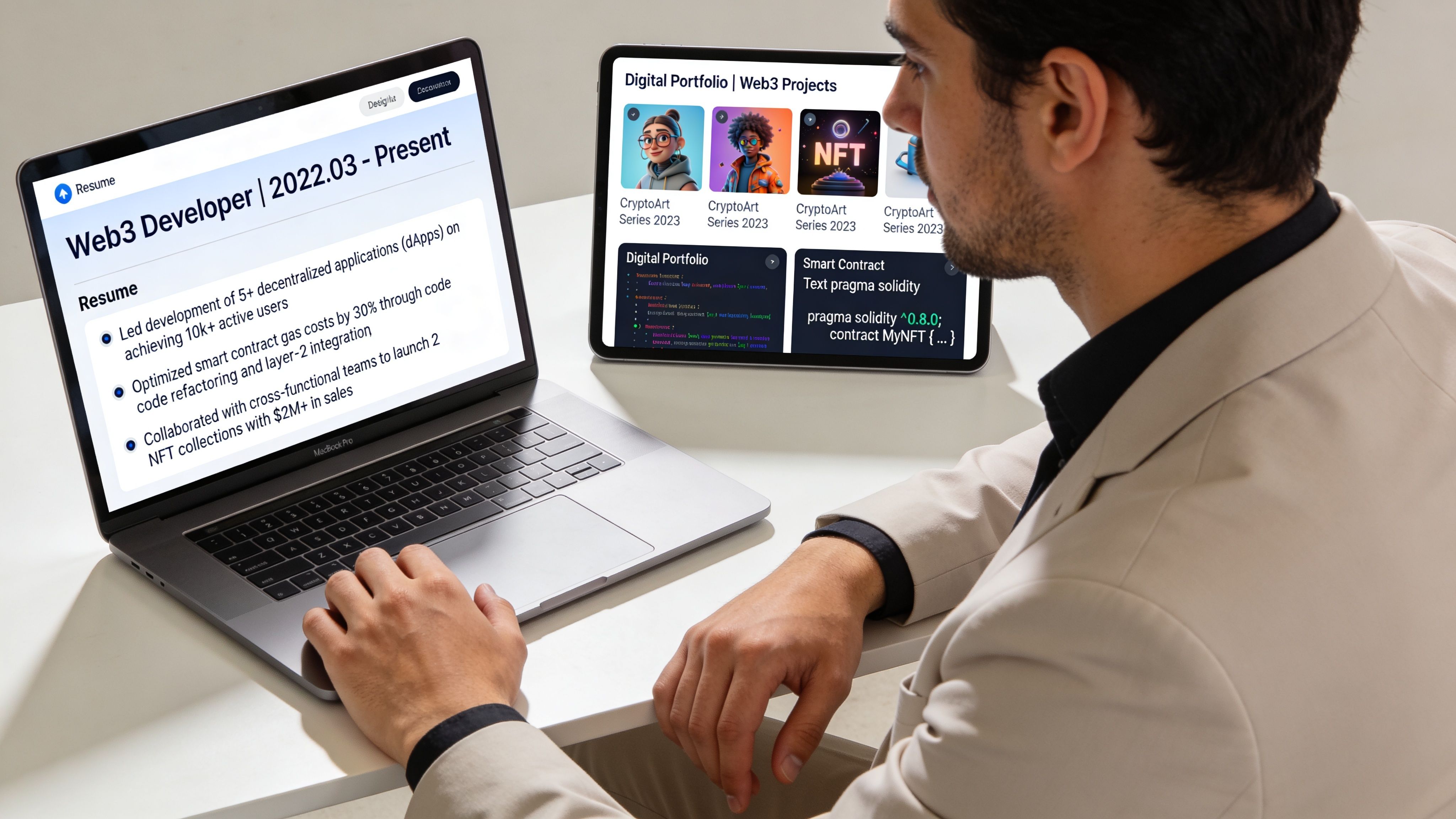A professional developer reviewing Web3 project portfolios and resume details on a laptop and tablet.