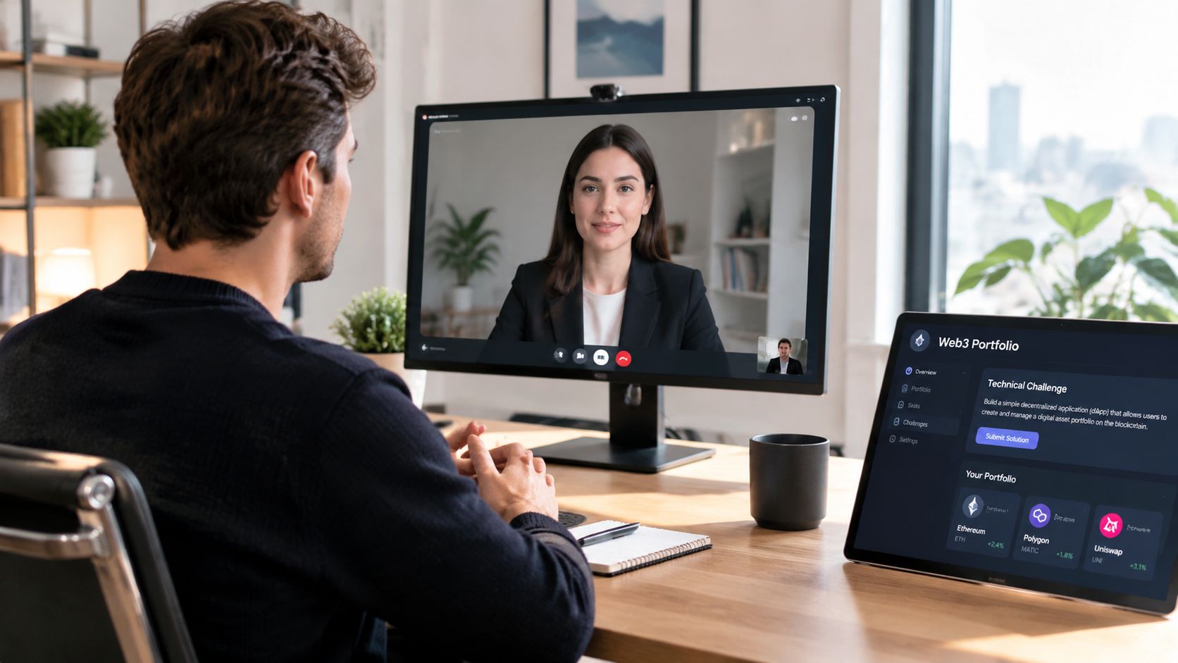 A professional man participates in a remote video interview at a desk with crypto portfolio dashboards.