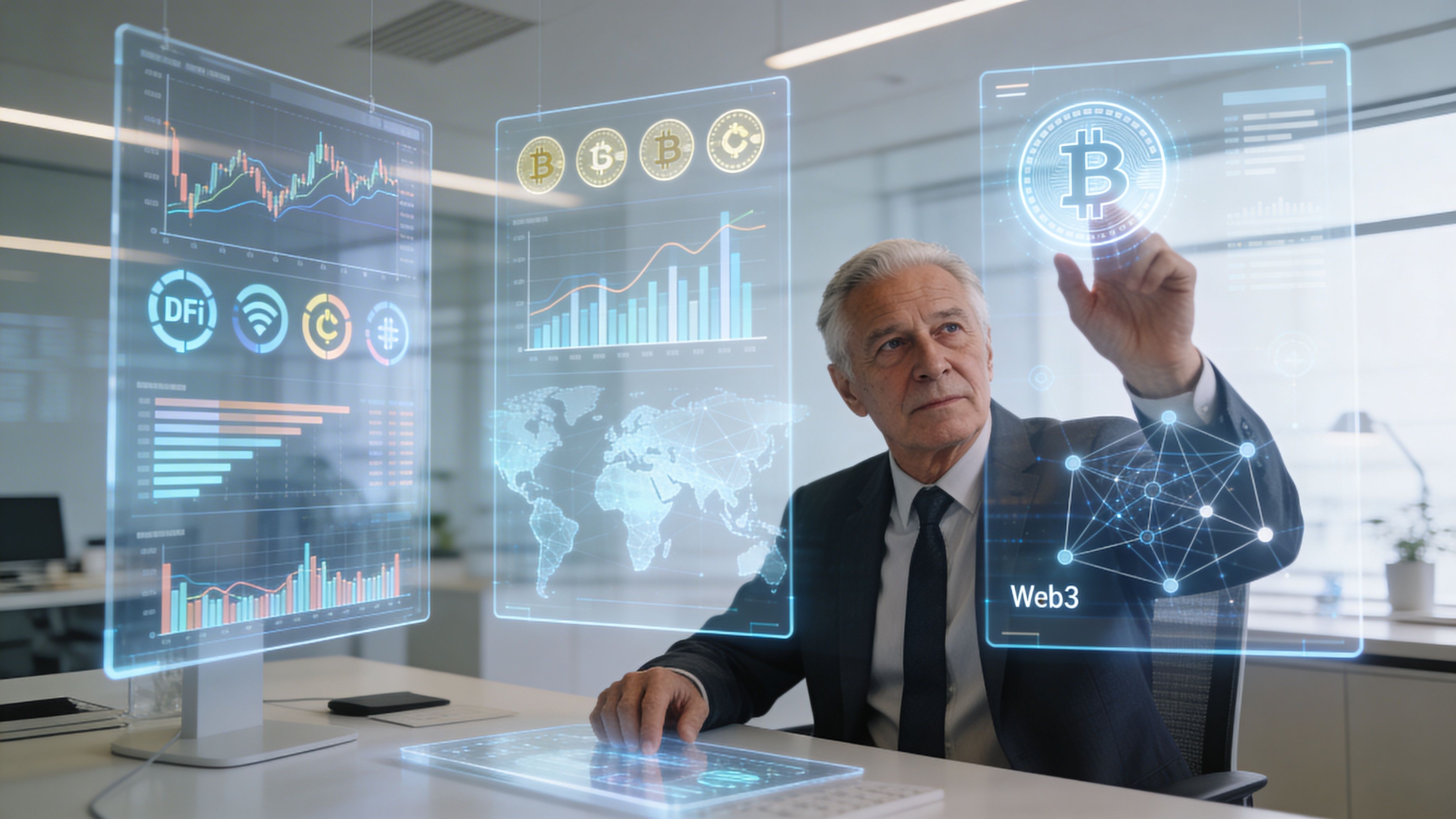 A professional senior financial manager interacting with holographic digital displays showing cryptocurrency market data and charts.
