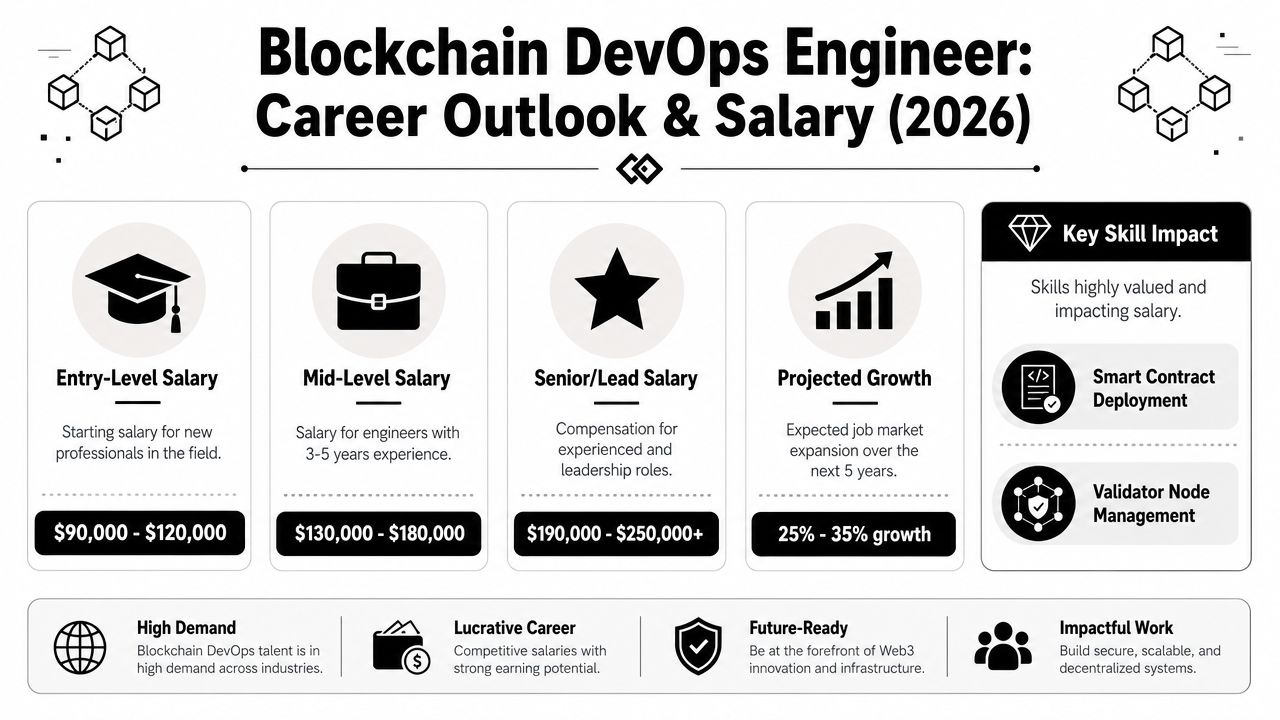An infographic detailing career outlook, salary ranges, and growth projections for a Blockchain DevOps Engineer in 2026.