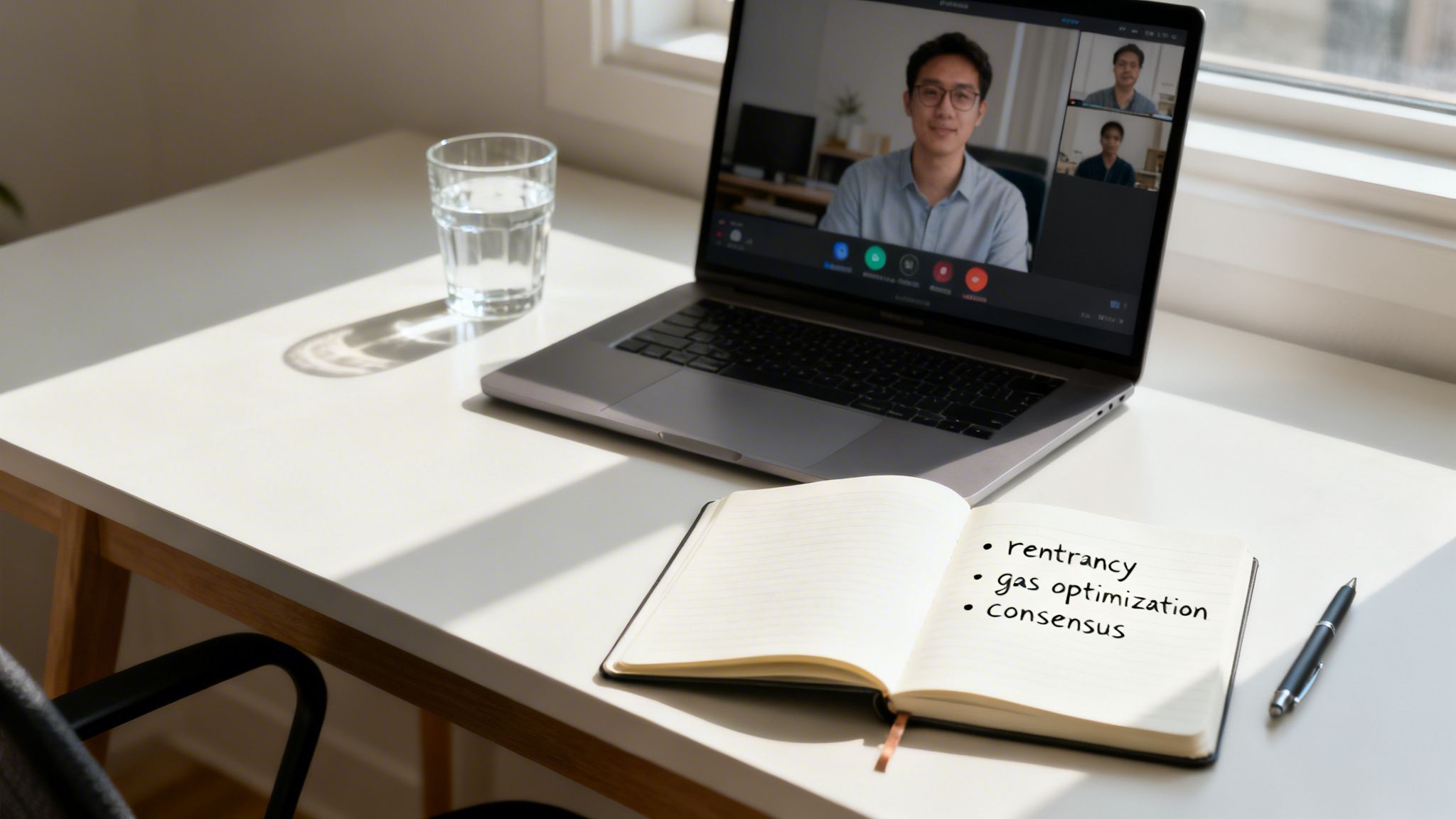 A laptop displays a video call with people, next to an open notebook with blockchain development notes.