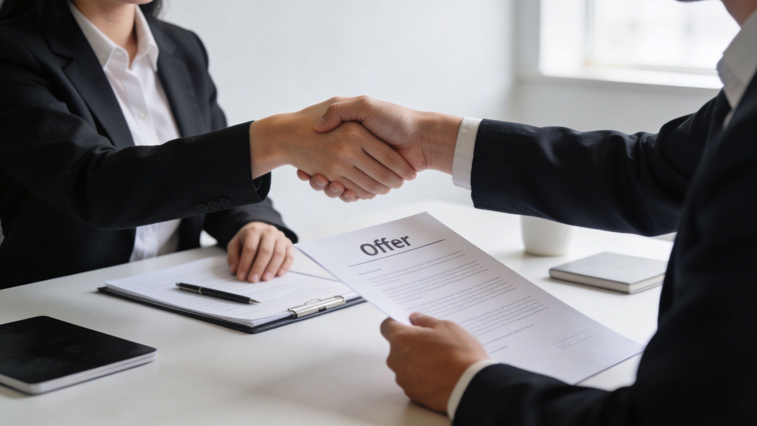 A professional business person hands a document titled Offer to another individual during a formal handshake.
