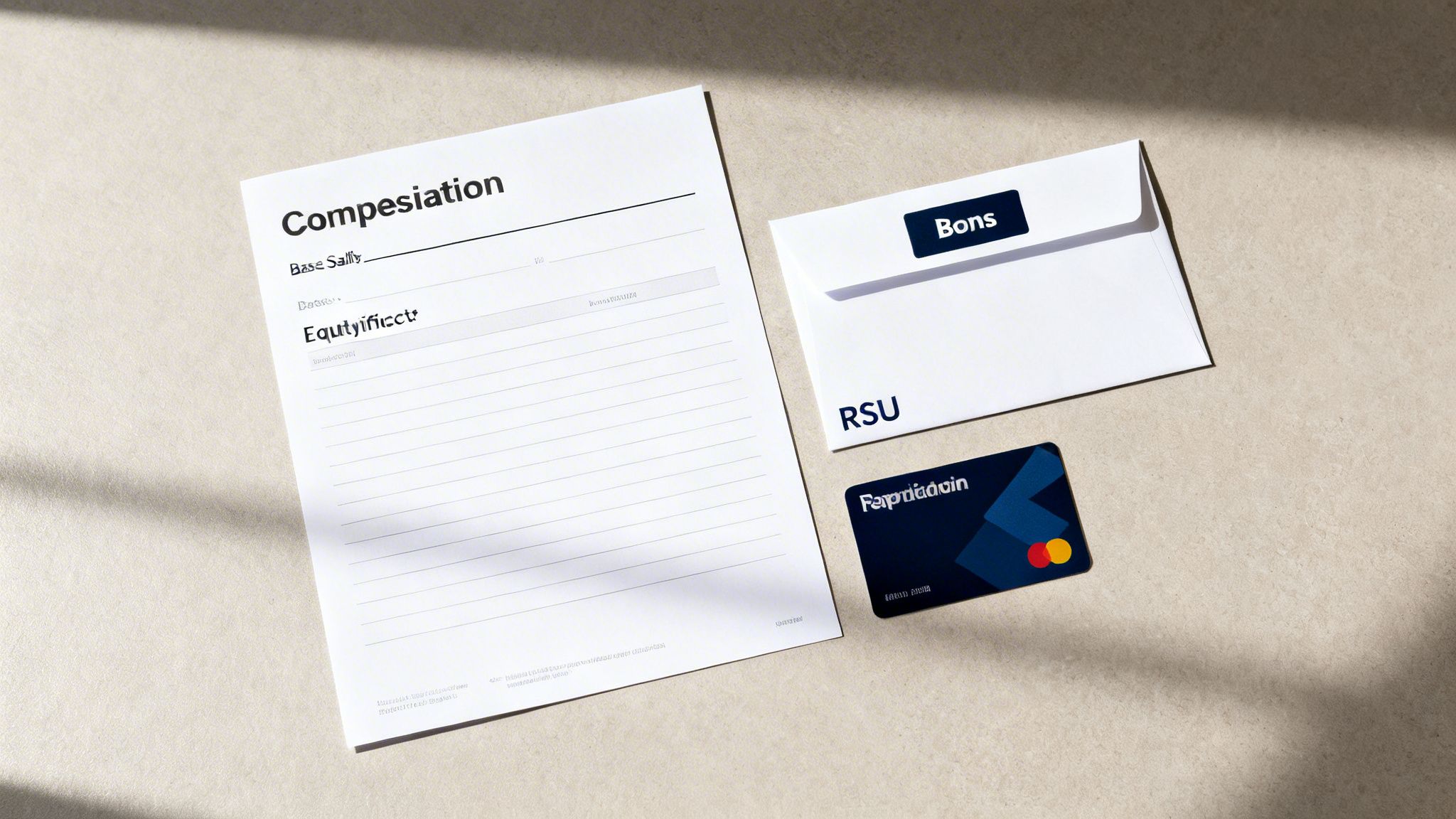 An overhead view of a compensation document, a white envelope with 'Bons' and 'RSU' labels, and a credit card.