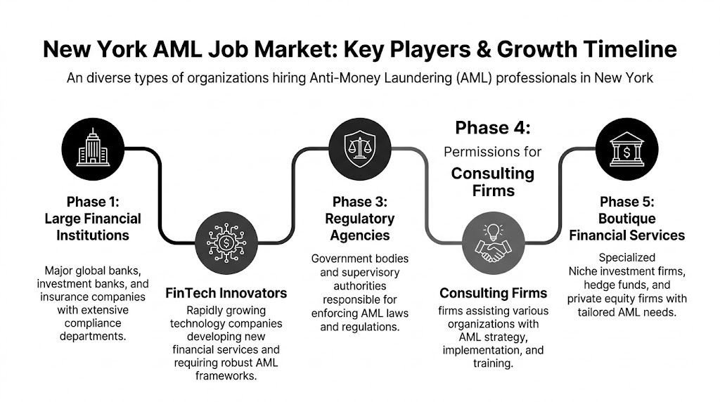 A flowchart infographic illustrating the five phases and key sectors of the New York AML job market.