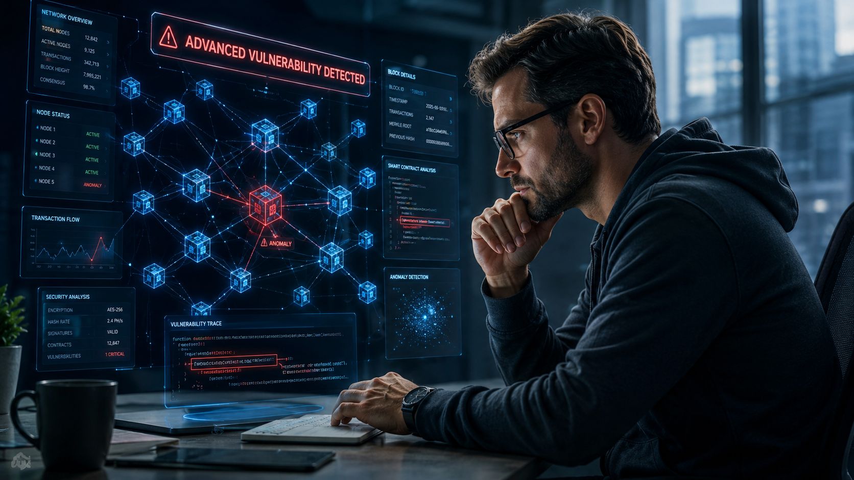 A professional developer analyzing blockchain security protocols on a digital dashboard displaying vulnerability data and system anomalies.