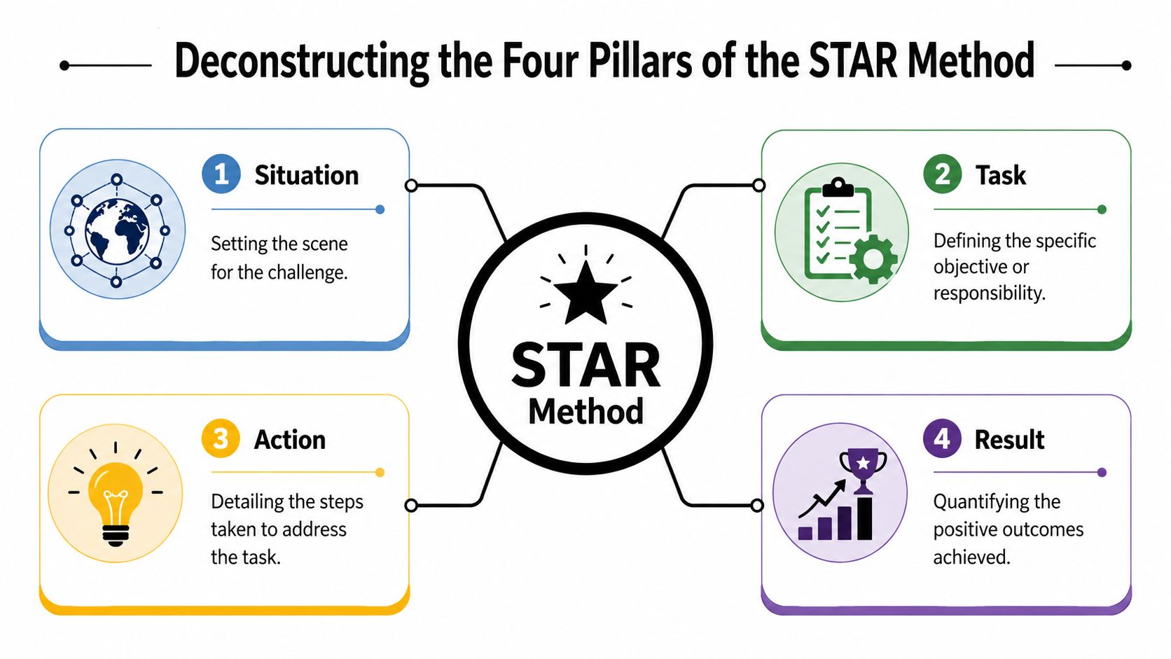 A diagram explaining the four pillars of the STAR interview method: Situation, Task, Action, and Result.