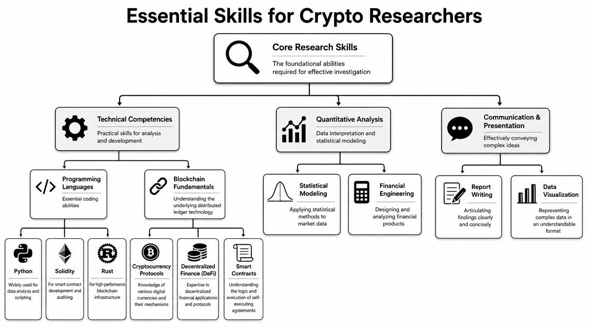 A comprehensive flowchart illustrating essential skills for crypto researchers, covering technical competencies, quantitative analysis, and communication.