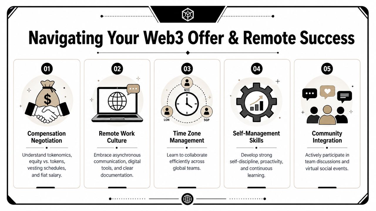 An infographic titled Navigating Your Web3 Offer & Remote Success detailing five key steps for remote work.