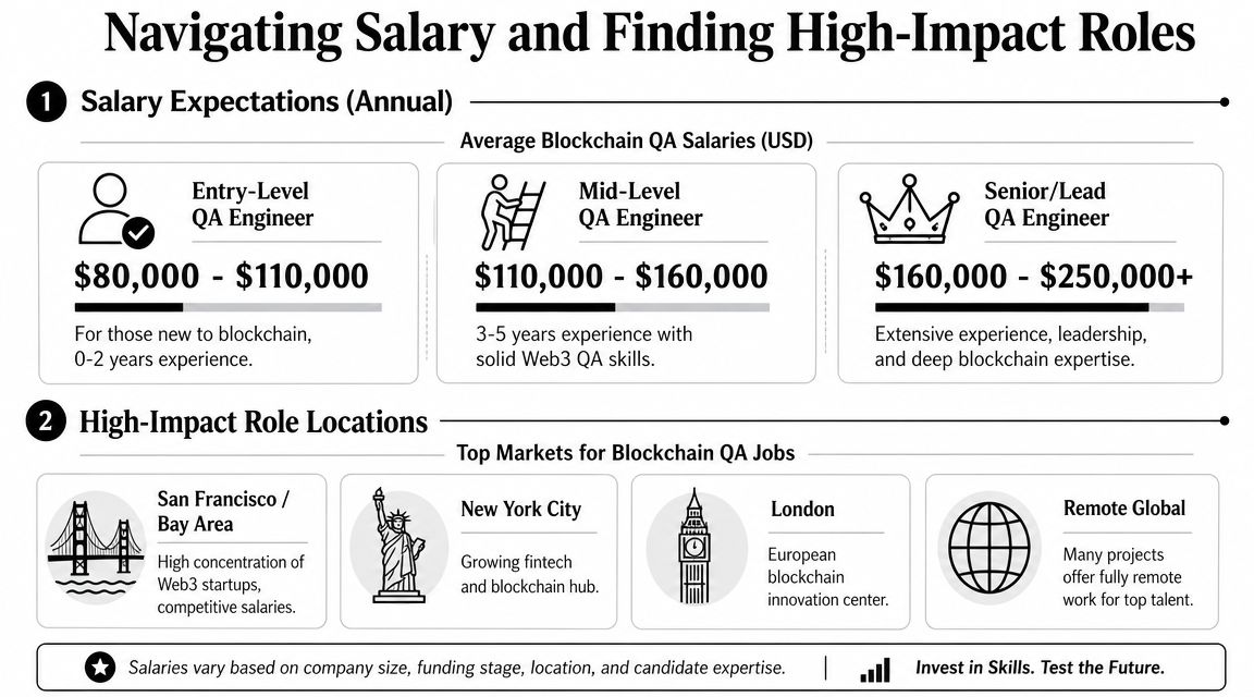 An infographic showing annual salary ranges for entry, mid-level, and senior blockchain QA engineers by location.
