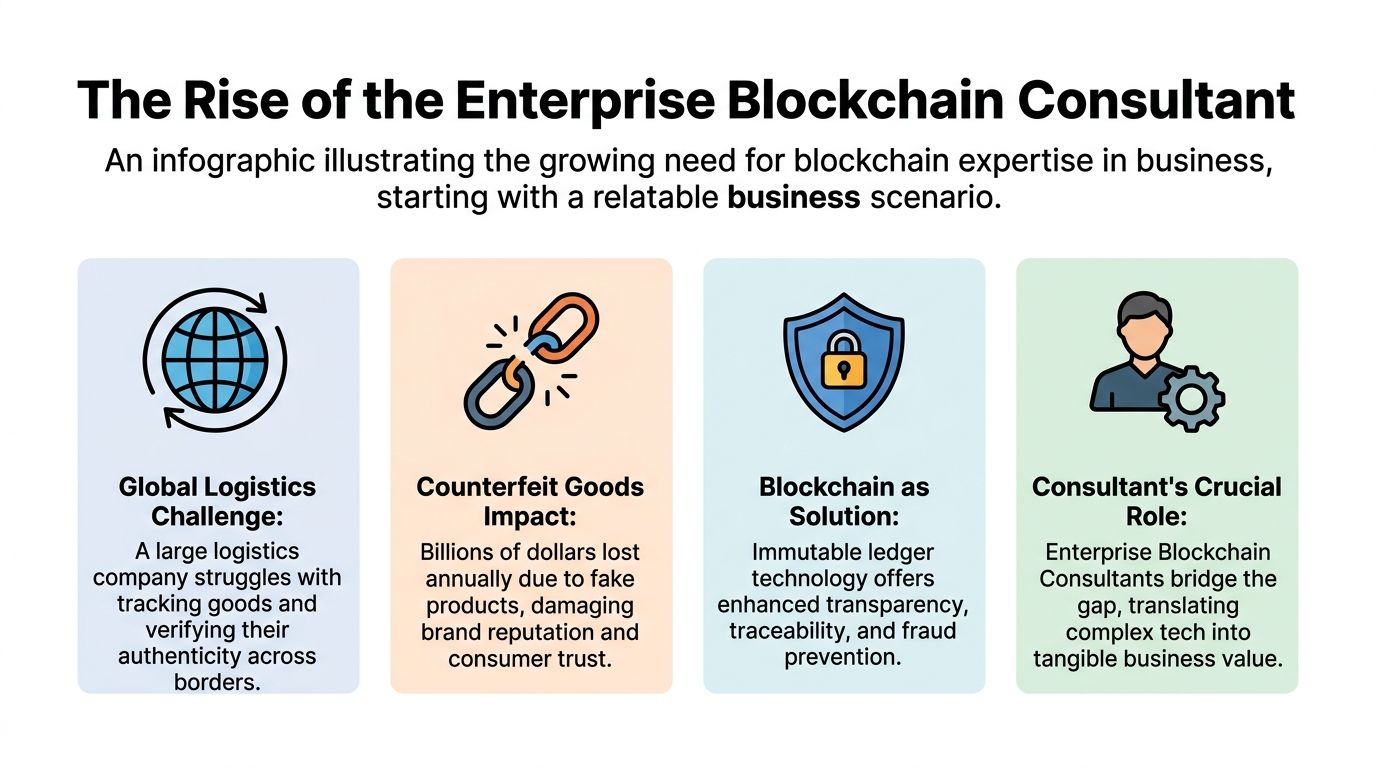 An infographic showing how enterprise blockchain consultants solve global logistics challenges and prevent counterfeit goods fraud.