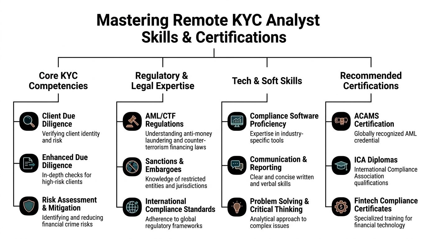 A diagram illustrating essential skills and professional certifications required for becoming a remote KYC analyst.